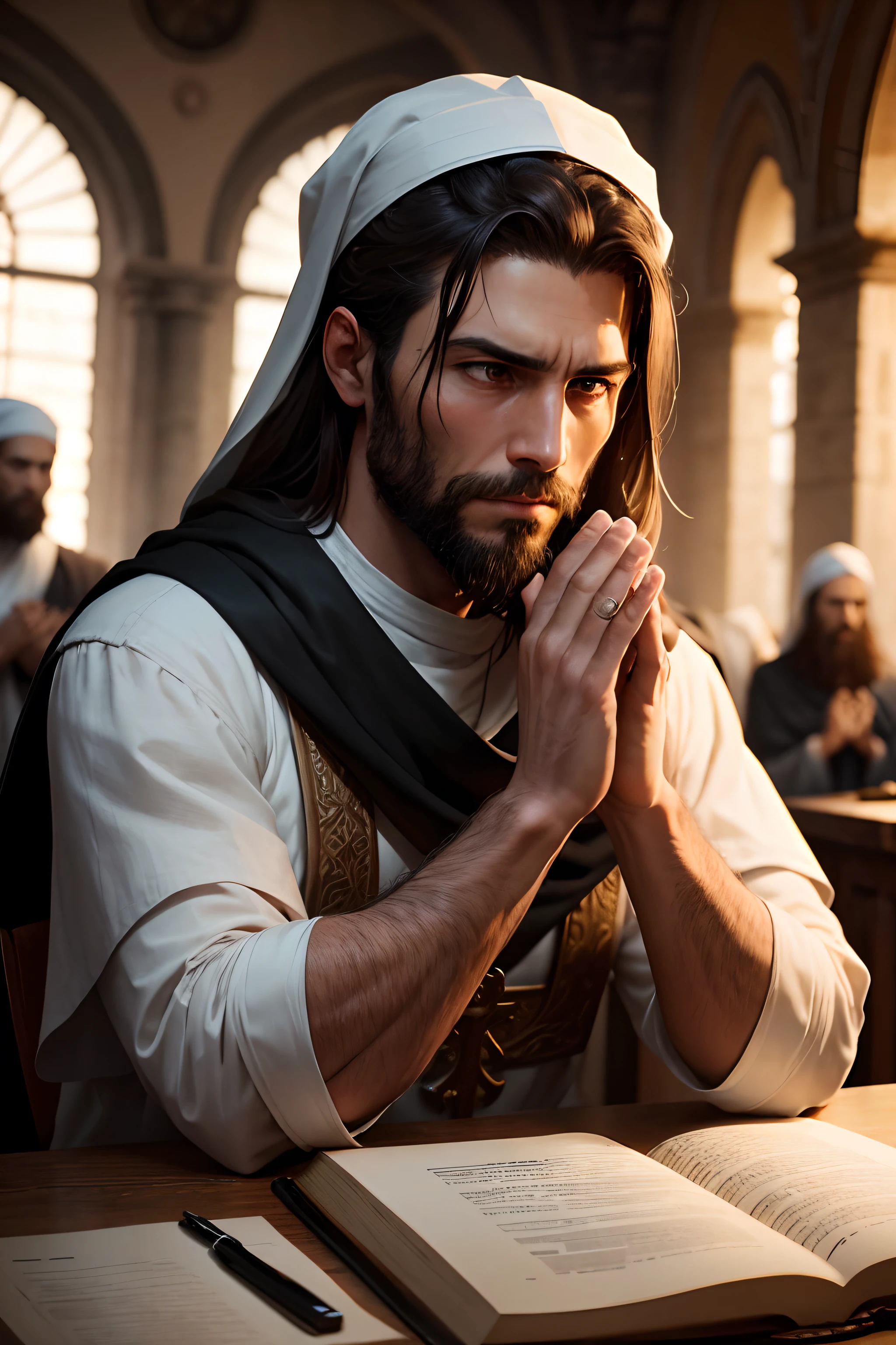 The apostle Paul looked at the screen,with folded hands, roupas compridas, Religion, Ultra foto realsisima