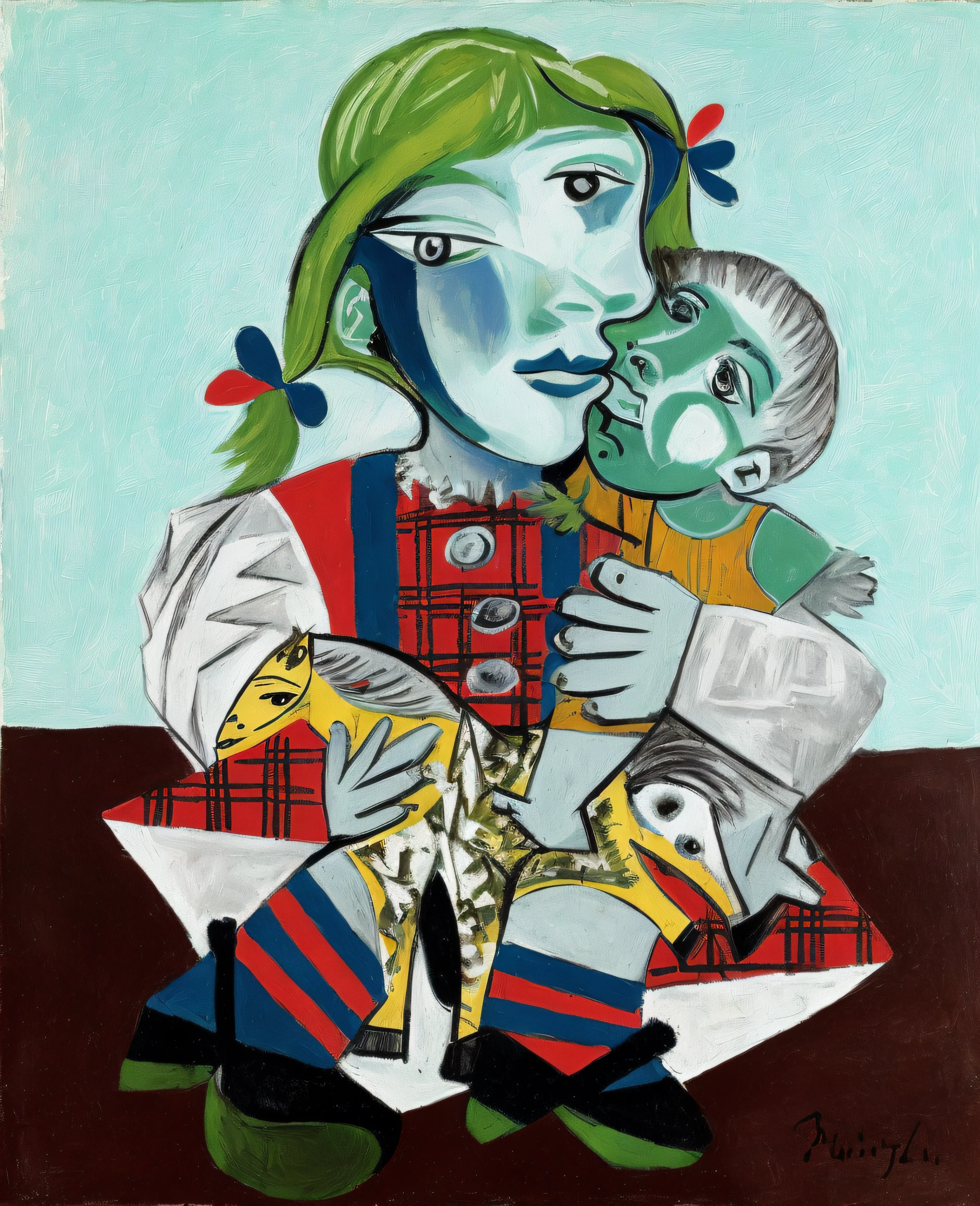 painting of a woman holding a  and a childle of picasso, by Picasso, pablo picasso painting, by Pablo Picasso, cubist picasso, picasso style, picasso masterpiece, similar aesthetics to picasso, inspired by Picasso, inspired by Pablo Picasso, children, a cubist painting, kiki picasso style, picasso and dali, by Paul Feeley, painted on a canvas cloth with fine brush movements up and down