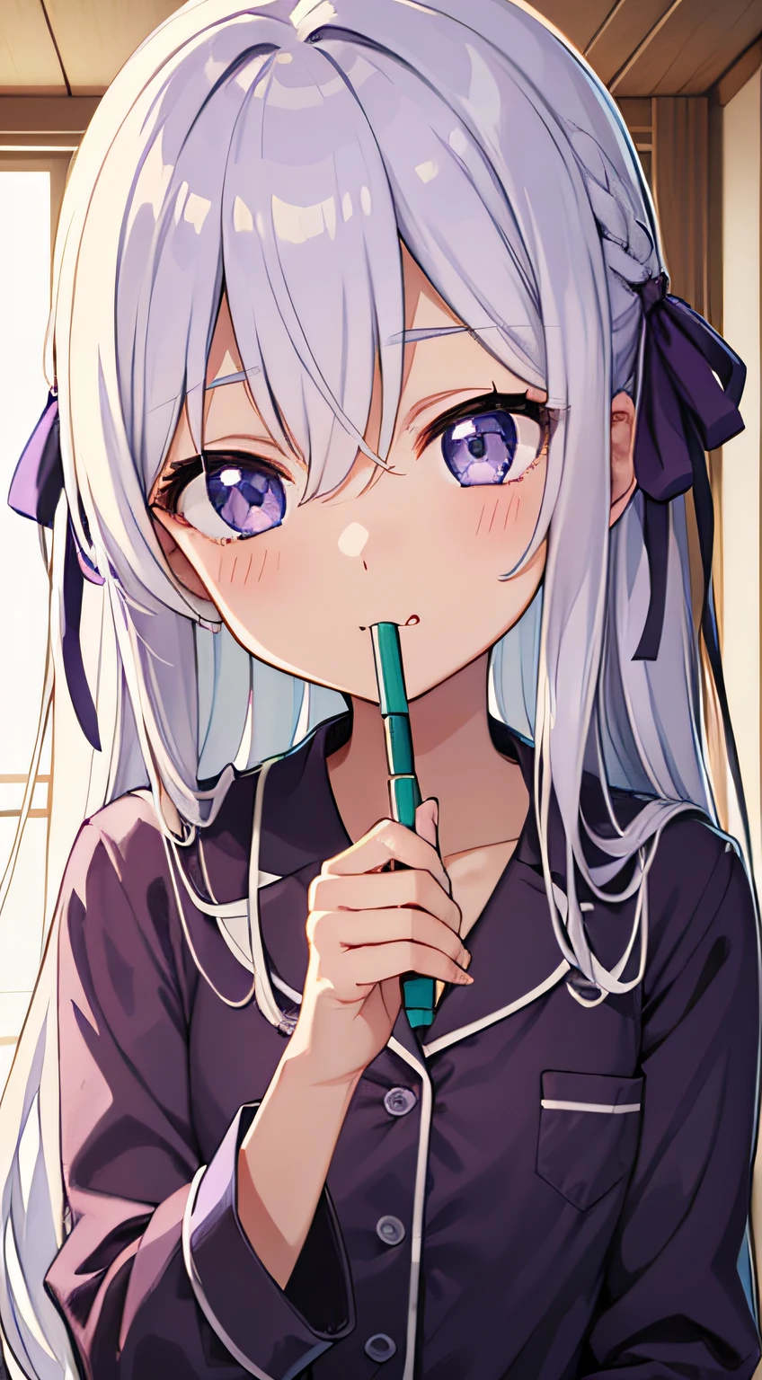 ((Cute loli)), ((purple eyes)), (Long hair), ((white hair)), (((straight hair))), hair between eyes, ((Purple hair ribbon)), flat chest, (purple pajamas), white kneehighs, aroused, fang, (holding a pencil), looking at the viewer, (masutepiece:1.2), Best Quality, High resolution, Unity 8k wallpaper, (Illustration:0.8), (Beautiful detailed eyes:1.6), extra detailed face, Perfect Lighting, anime style, upper body