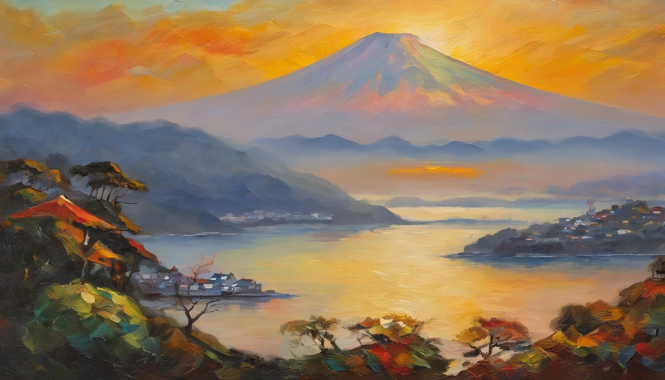 mont. mont. Fuji at sunrise can be seen beyond Enoshima Island