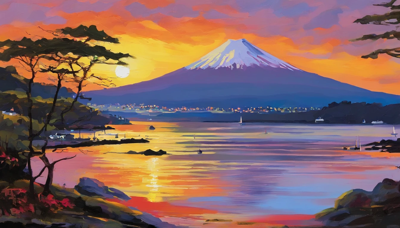mont. mont. Fuji at sunrise can be seen beyond Enoshima Island