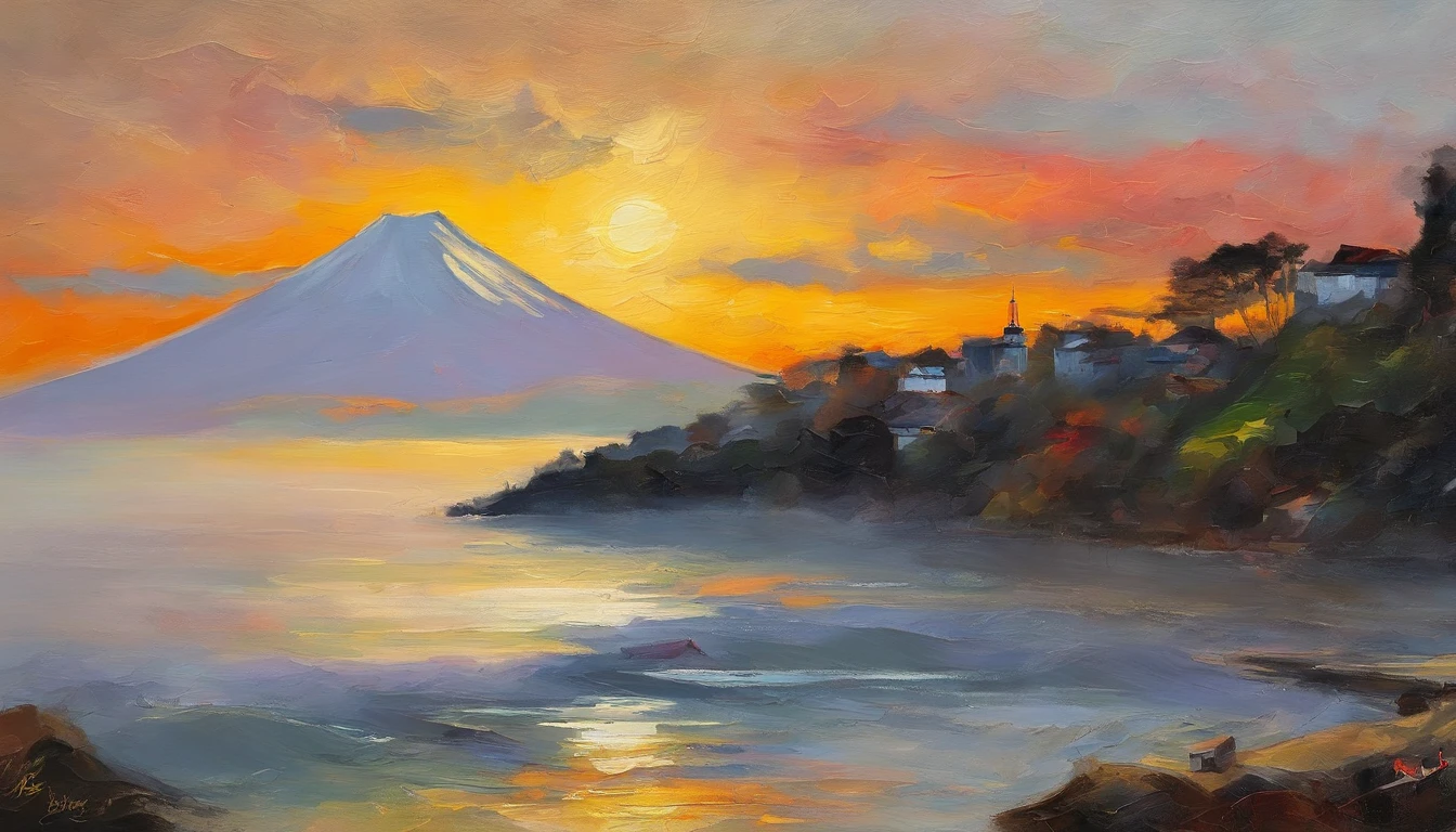 mont. mont. Fuji at sunrise can be seen beyond Enoshima Island