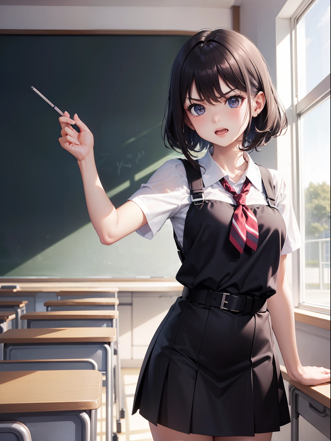 in 8K、top-quality、masterpiece、ultra-detailliert、Ultra-high resolution、Anime style、1 schoolgirl、Classroom、angry