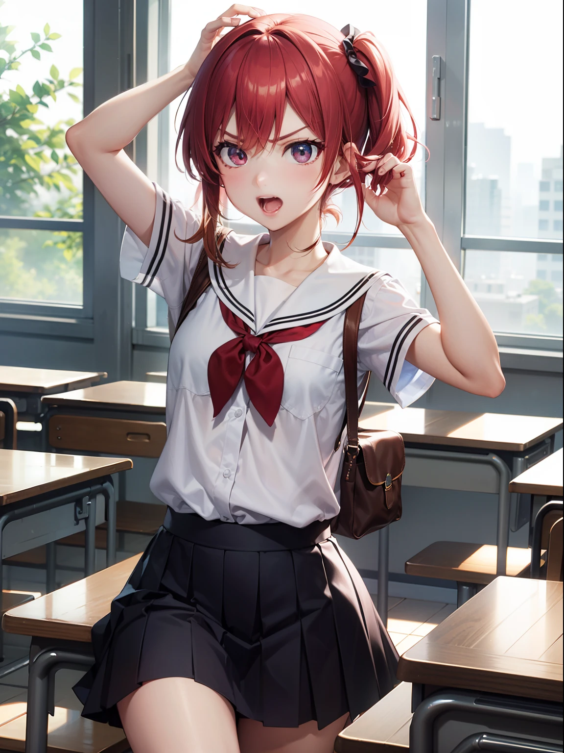 in 8K、top-quality、​masterpiece、ultra-detailliert、Ultra-high resolution、Anime style、1 schoolgirl、‎Classroom、angry