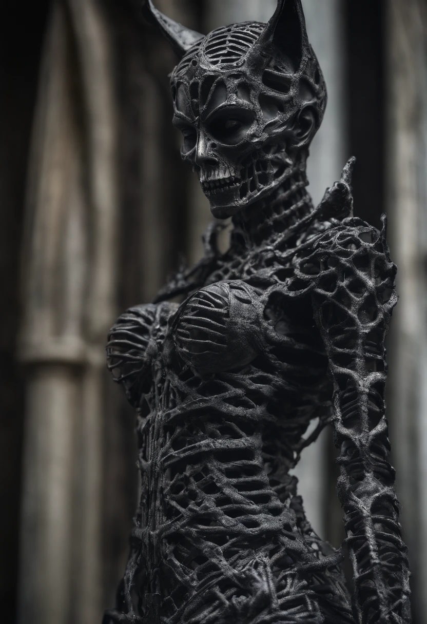 statue of Catwoman angel made of twisted bones and skeletons, full body, hyper realistic, intricate, central, symmetrical --v 4