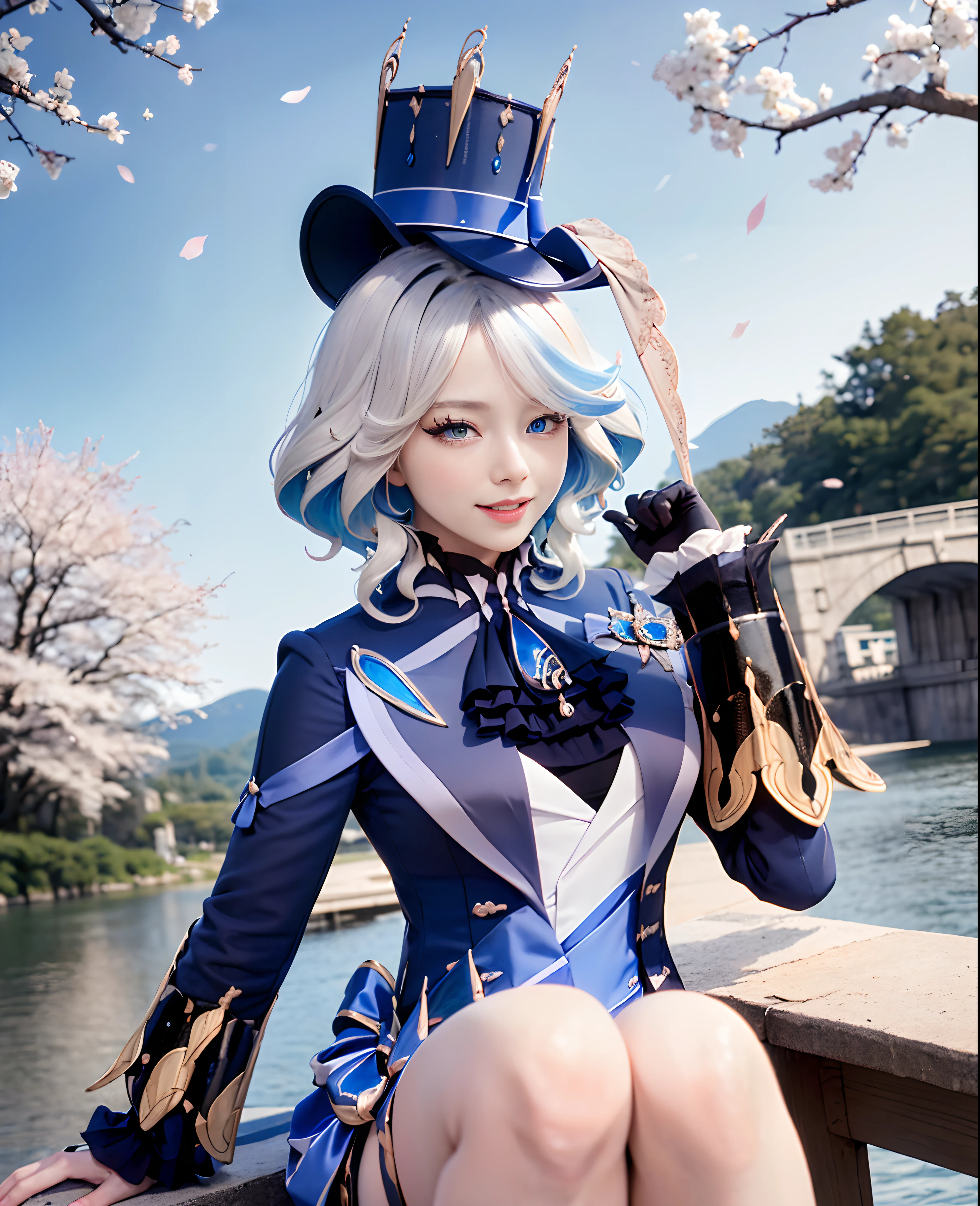 masutepiece, Best Quality, Ultra-detailed, glistening shiny, Glowing light, Ray tracing, nffsw, deph of field,Raw photo、realisitic、8K、 (Perfect face, Detailed face, Detailed eyes,Perfect hands),(medium boobs:1.2),8K,hard disk,An ultra - realstic face,Ray tracing,Perfect Lighting,Best Quality, Ultra-detailed, shiny eyes, (Looking at Viewer,Smile with open mouth:1.1), ((1girl in)), (maturefemale:1.4),Cowboy Shot,thighs thighs thighs thighs,POV,
Furina,Long hair,((Gradient Hair)),multicolored eyes, Gradient Eyes, (Glowing eyes:1.5), mascara, (fashion make up), Parted lips,blush,Shirt, gloves, Long sleeves, hat,Jewelry,Jacket, White shirt, flower,Shorts, Black Gloves,ascot, Thigh strap, Blue jacket, brooches, Pedras preciosas, blue headwear, blue flower, White shorts, hat flower, Blue Rose, Inclined hat, blue gemstone, Blue Ascot
((In the middle of the Japan countryside,Japan Bridge,Across the bridge,River,cherry trees,Cherry blossom petals,Dark blue sky,Sichuan carp)),(Complex background, Many elements of the background:1.2),((hyper detailed background)), Mistress pose, ((8K Wallpaper)),