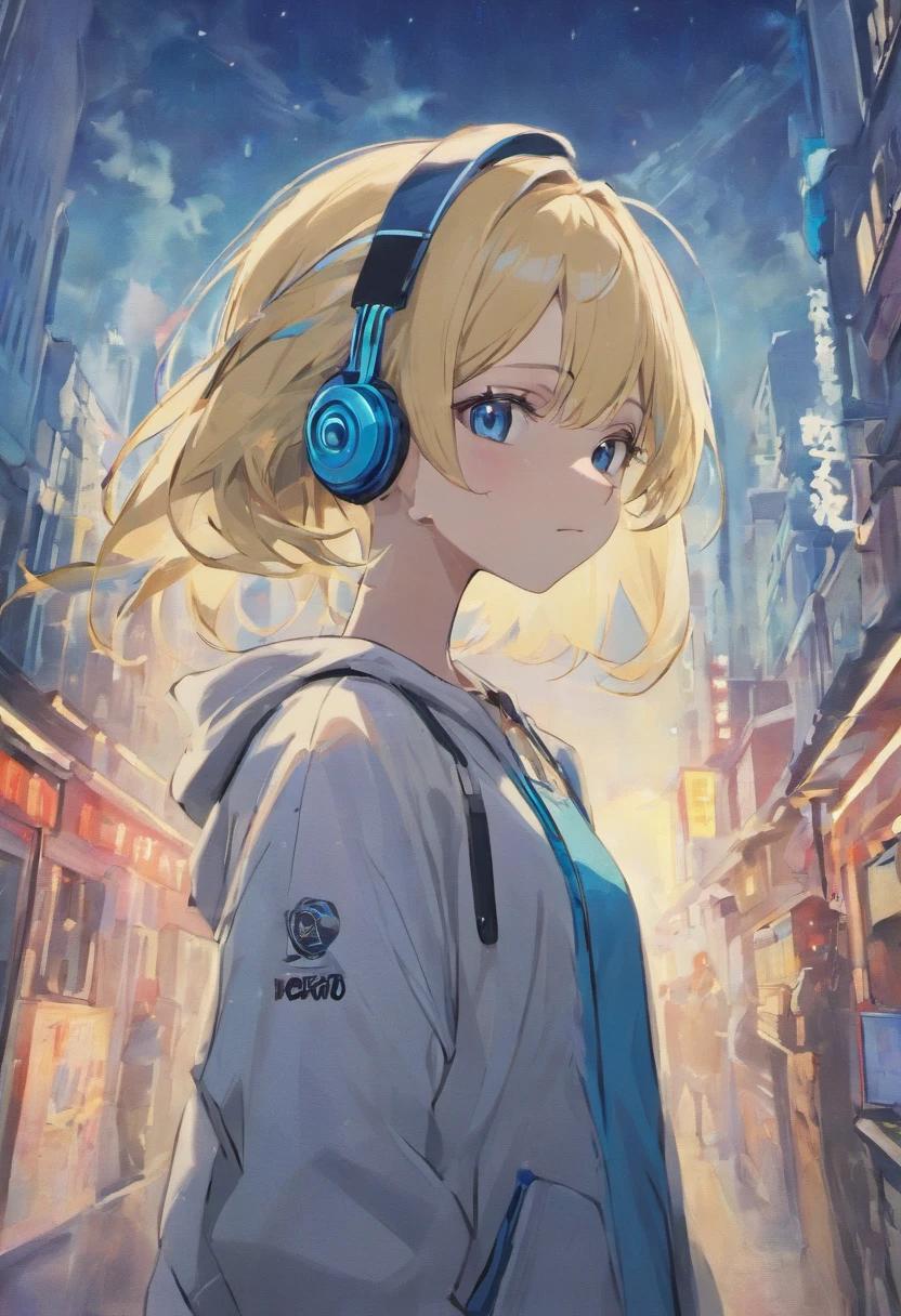 (tmasterpiece), (best qualtiy), (ultra - detailed), A young man with short blue white gradient hair, blue left eye and white right eye with blue single crochet music notes inside , Wears a student team jacket, wear round transparent glasses, wearing headphones, front look , look at viewer, The upper part of the body, city, Flowingcolors, mostly cloudy sky,
