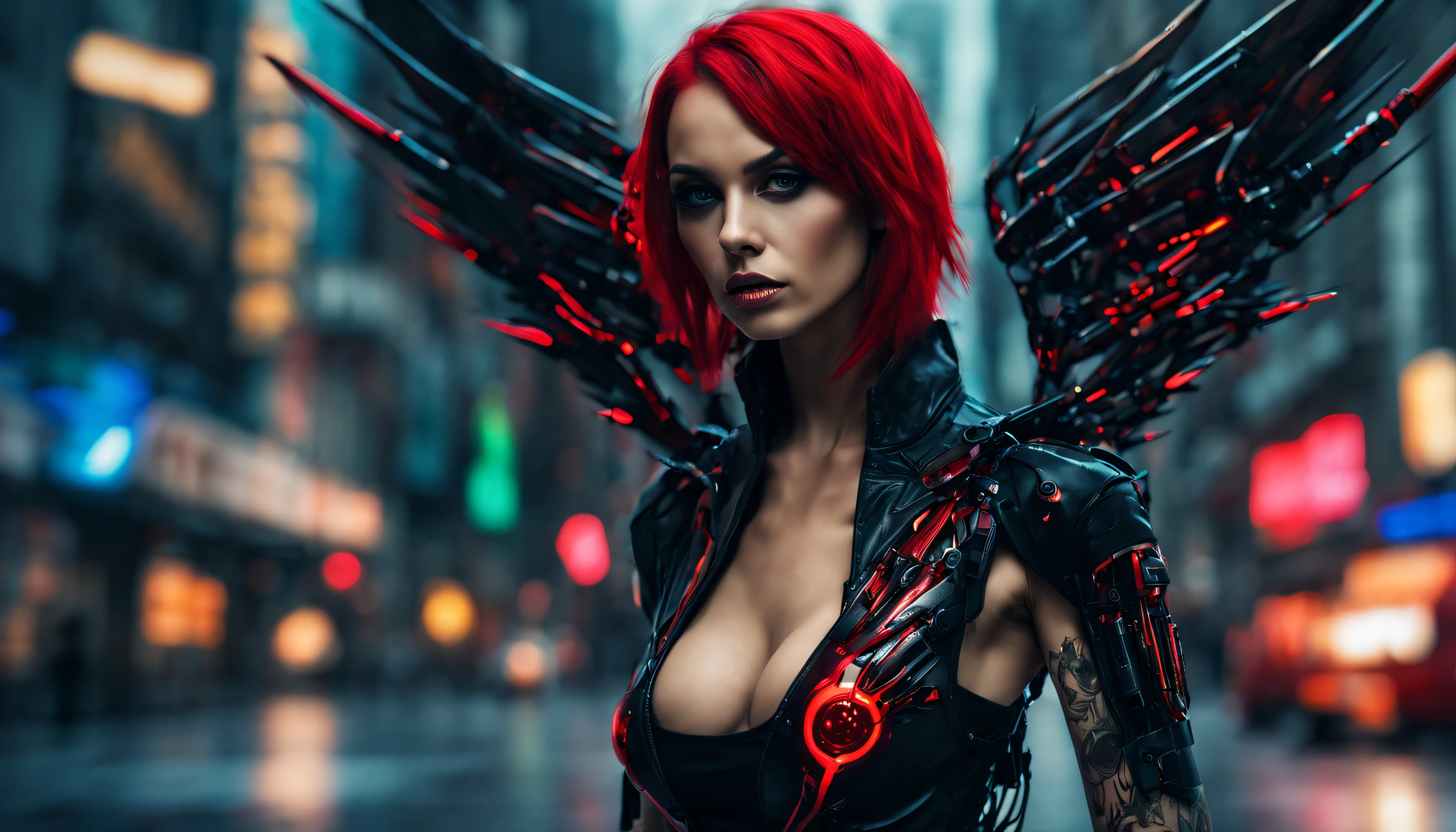 Ultra-detailed shot of an attractive and provocative evil fallen woman in black and red tattooed sexy with cybernetic wings, Sosteniendo un arma, ((cuerpo completo:1.2)) Parece loca, Pelo largo y pelirrojo en movimiento, Action shot pose, Cybernetic prostheses available, Una cicatriz profunda, Pose atractiva y provocativa,  (((peinado bob medio afeitado))) Ultra-futuristic city with neon lights, colores muy brillantes, fotografiado por MSchiffer, renderizado 3D Realista, (high saturation:1.3) colores contrastantes, noche lluviosa