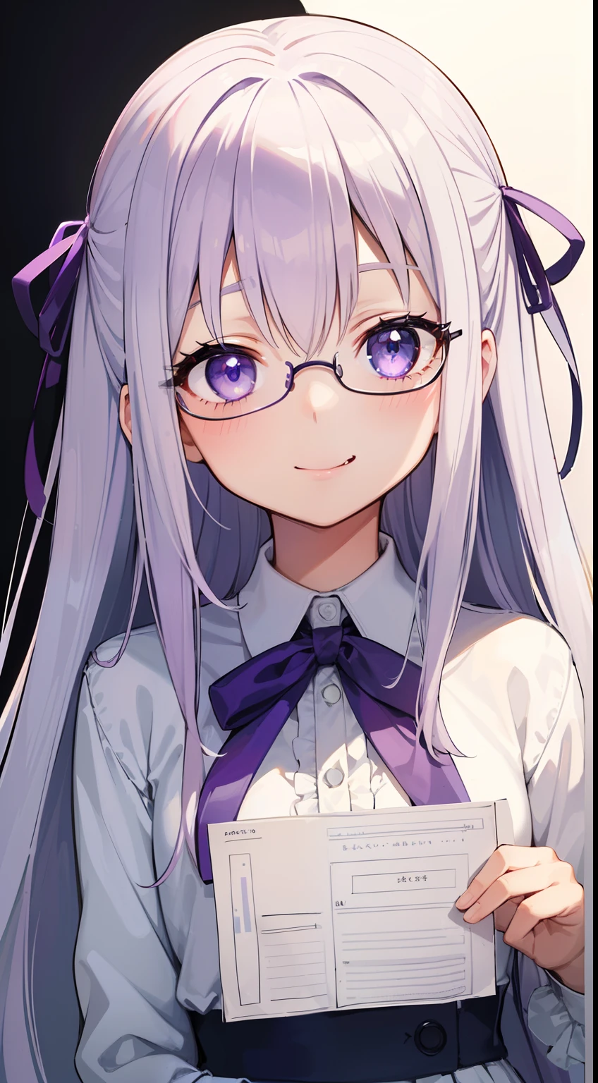((Cute loli)), loli ((purple eyes)), (Long hair), ((white hair)), (((straight hair))), hair between eyes, ((Purple hair ribbon)), flat chest, (((wearing an eyeglass))), (serafulku), white kneehighs, big smile, fang, (holding a note), looking at the viewer, (masutepiece:1.2), Best Quality, High resolution, Unity 8k wallpaper, (Illustration:0.8), (Beautiful detailed eyes:1.6), extra detailed face, Perfect Lighting, anime style, upper body