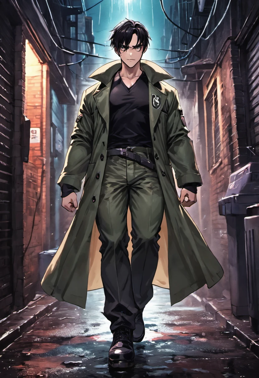 Close-up photos, Male, 29 years old, A dark-haired,Chunky white highlights on the temporal region, Doctor's lab coat over black V-neck T-shirt,Wearing camouflage pants and black military boots, In a rainy back alley at night, Photorealistic, Cinematic lighting