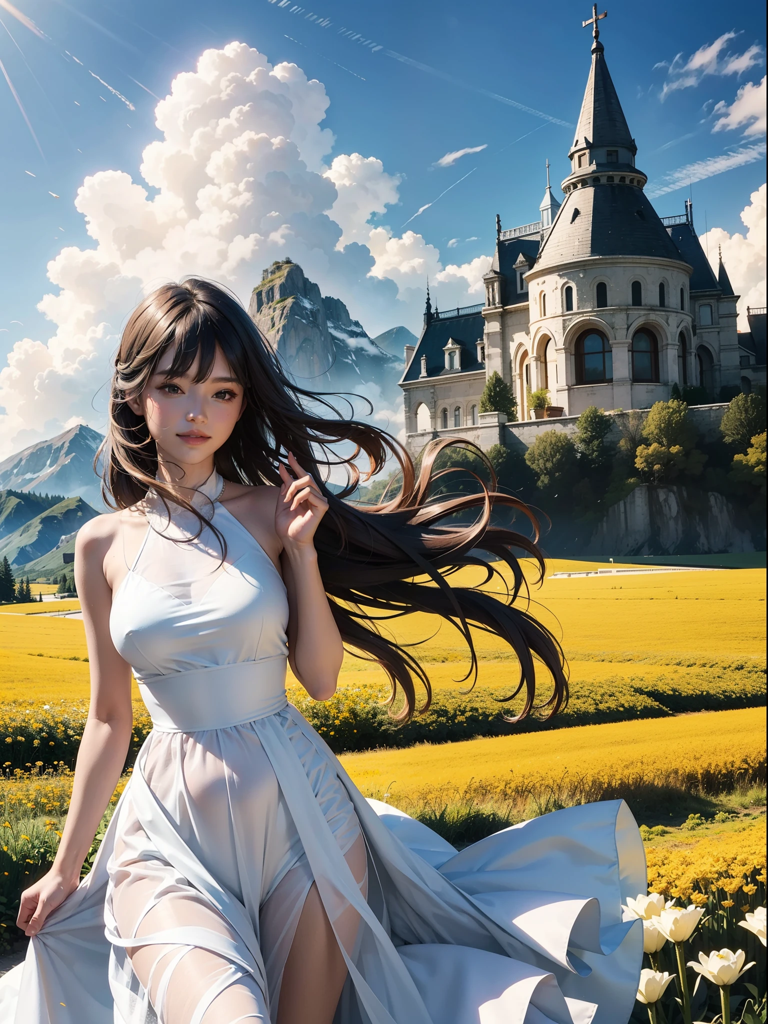 1girll,dynamic angle,pianos,Clouds and mountains,(flower field:1.4)In the foreground,white dresses,Light tracing,(Floating colorful wind:1)
(realisticlying:1.4),offcial art,Unity 8k壁纸,ultra - detailed,Beautiful and beautiful,tmasterpiece,best qualityer,Glowing skin,cinmatic lighting,Light smile