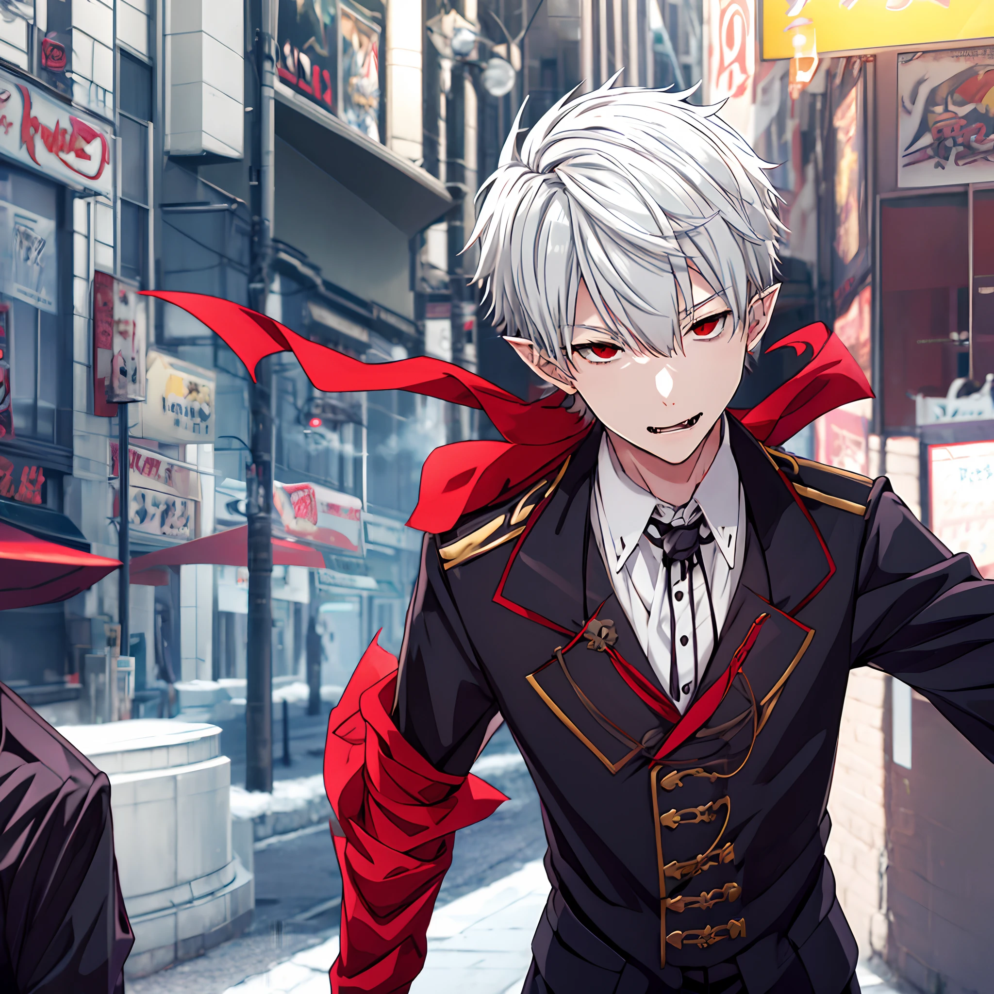 Mr. Kuzuha smoking and twilight、Nijisanji、Vampire Photos、masterpiece、4K works、Short-haired man with gray hair、Vampire Man、((Solo Photography))、((Only 1 person))、Wearing a black jersey、Fangs grow、Pointed ears、Beautiful anime works、animesque、Wild look、Shot in a fashionable city、((Shot from diagonally in front))、((Happy dating))