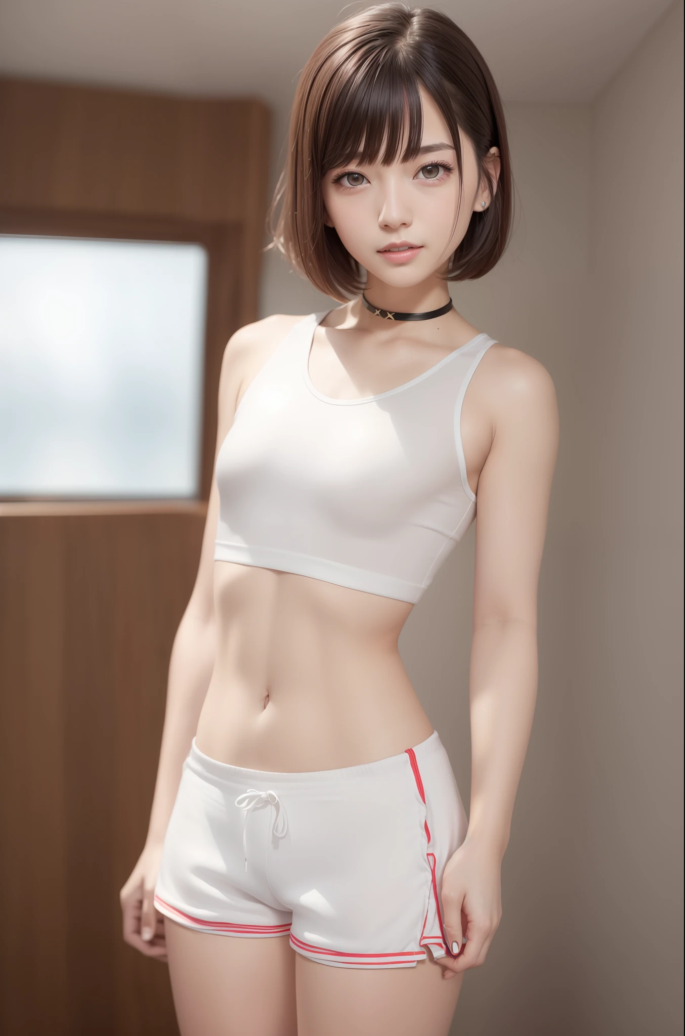 (RAW photo:1.2),(Photorealistic:1.4),(Masterpiece:1.3),(Best quality:1.4),超高分辨率,
hdr,8K resolution,
Dreamlike,
check commentary,commentaryrequest,scenery,((No text)),
solofocus, (full bodyesbian),
(Detailed eyes),(Detailed facial features), (detailed clothes features),
skin tight, (Shiny skin),(slender girl),(Slim girl),
(1girll,Solo),virtualgirl-Rin, cheerfulness, Smile, (Small breasts), bangs, bob hair, Short hair, Brown hair, Brown eyes, Black choker,
college aged, schoolgirl, White high school sportswear,Red sports shorts,Sneakers,