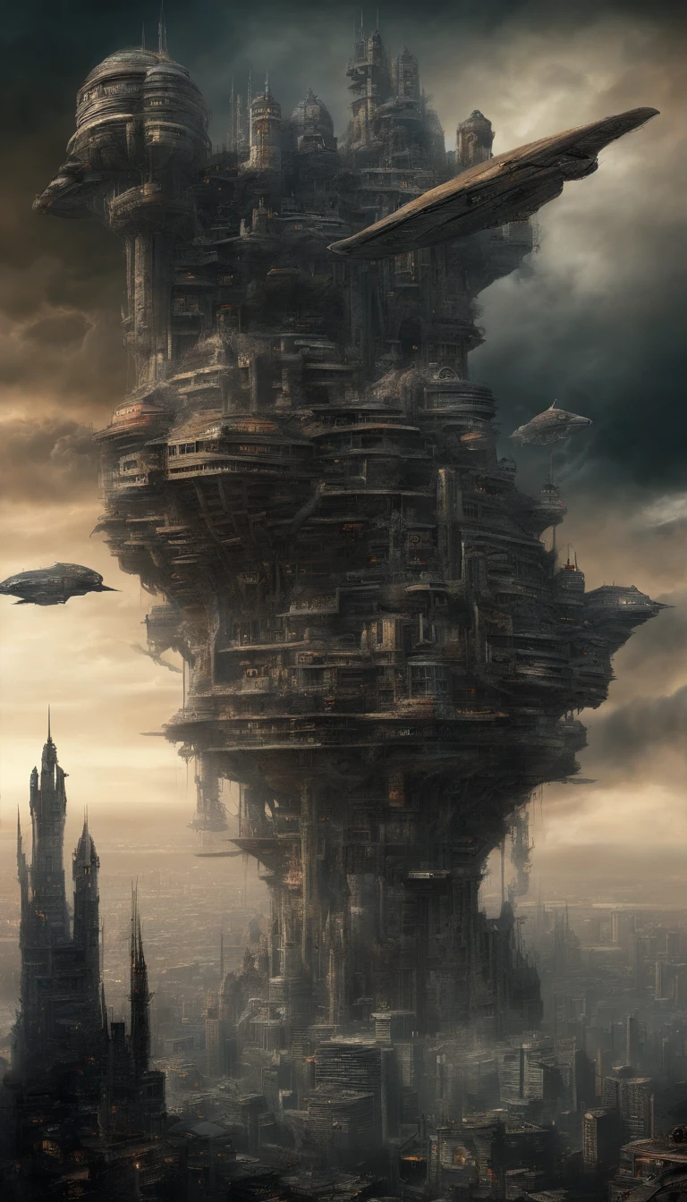 (sci fi art:1.5), Sci-fi post-apocalyptic world, (flying city:1.7), An offshore oil and gas platform is located at the surface of the sea, (The huge mechanism spews smoke:1.3), Panoramic view, Clouds of smoke, dark cloude, (Masterpiece), (Vivid colors:1.6)