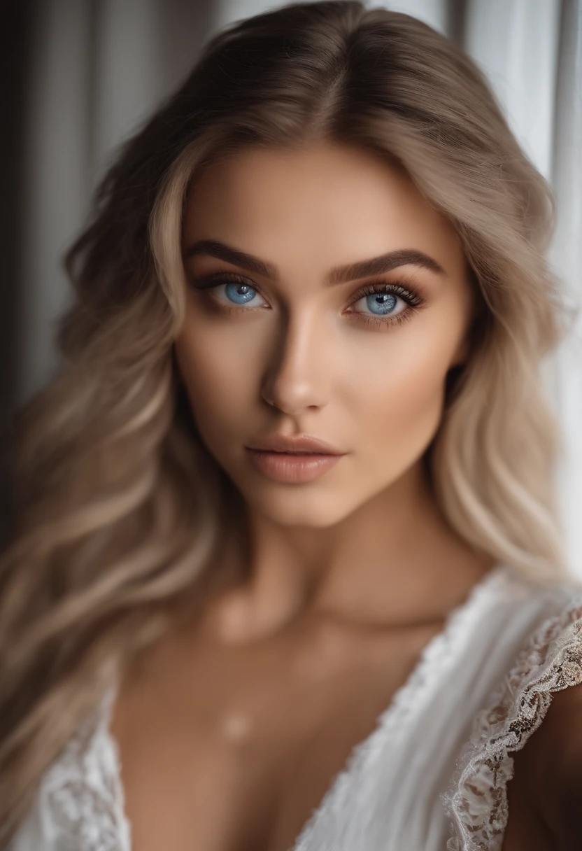 Woman in lace panties and white vest,Big and perfect figure, Sexy girl with blue eyes, portrait sophie mudd, Portrait of Corinna Kopf, blonde hair and large eyes, Selfie of a young woman, Eyes in the bedroom, Violet Myers, Orn makeup, Natural makeup, look straight at the camera, face with artgram, dezentes Make-up, Stunning full-body shots, in a bedroom, fission