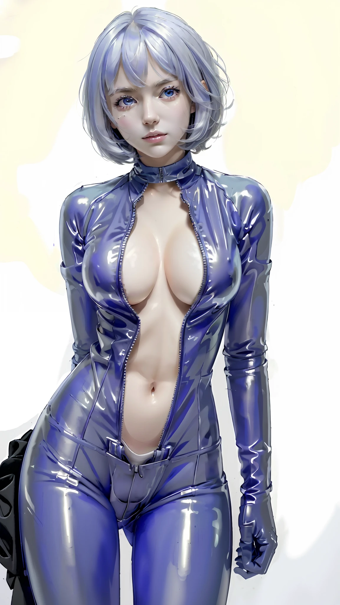 ((((masterpiece, best quality, high resolution)))), latex bikesuit, (1girl:1.5), (large breasts: 1.2), solo, cleavage, white hair, bob cut, purple eyes, looking at viewer,  white background, simple background, arms behind back, cowboy shot, white hair, bob cut, full-length zipper, open clothes, open chest