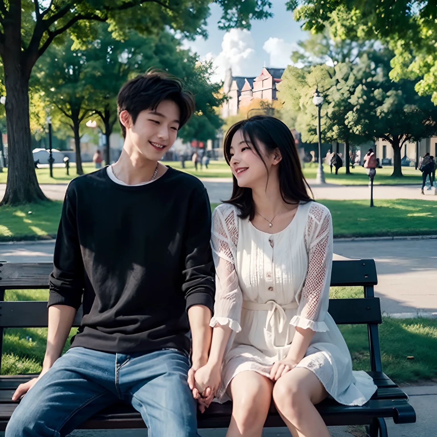 (masterpiece:1.3), best quality, official art, 1girl, 1boy, (cute:1.3), sitting on a park bench, (holding hands), smiling, blushing, (bright), (:D:0.6), sun light, cumulonimbus clouds, birds