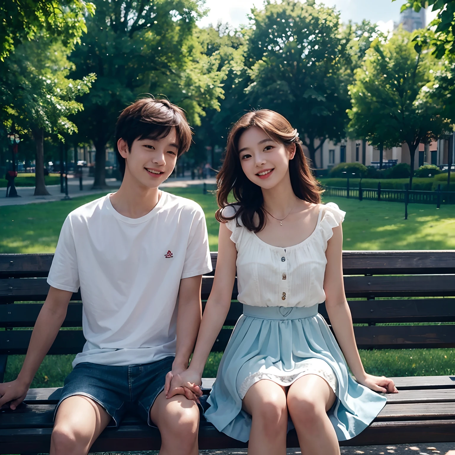 (masterpiece:1.3), best quality, official art, 1girl, 1boy, (cute:1.3), sitting on a park bench, (holding hands), smiling, blushing, (bright), (:D:0.6), sun light, cumulonimbus clouds, birds