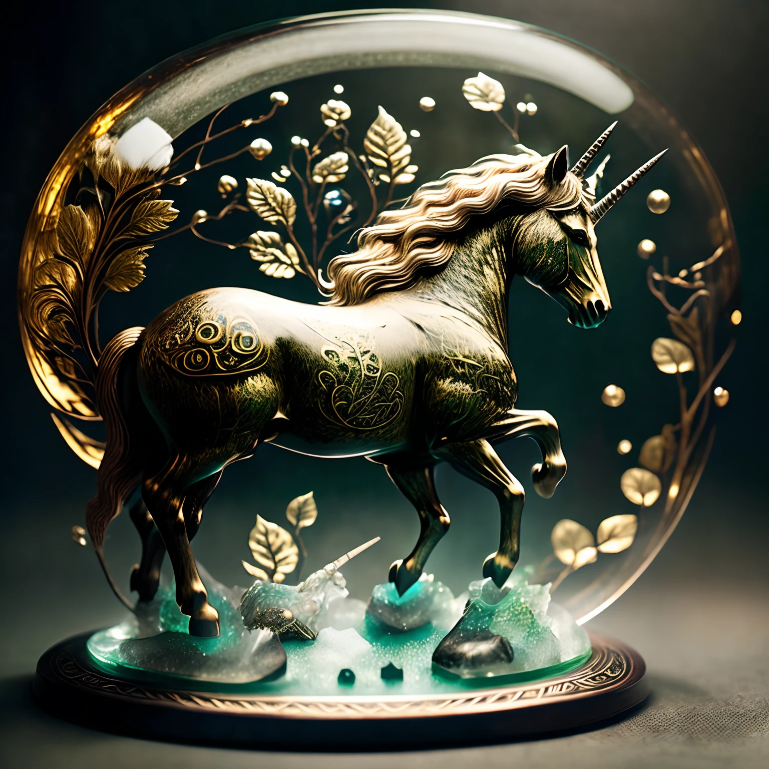 RPG Model,Bubble | Concept Glass,CeltPunkAI , Unicorn figurine made of bronze , Beautiful silver leaves are visible on the unicorn's body , The sun is shining on a unicorn  , Front light.