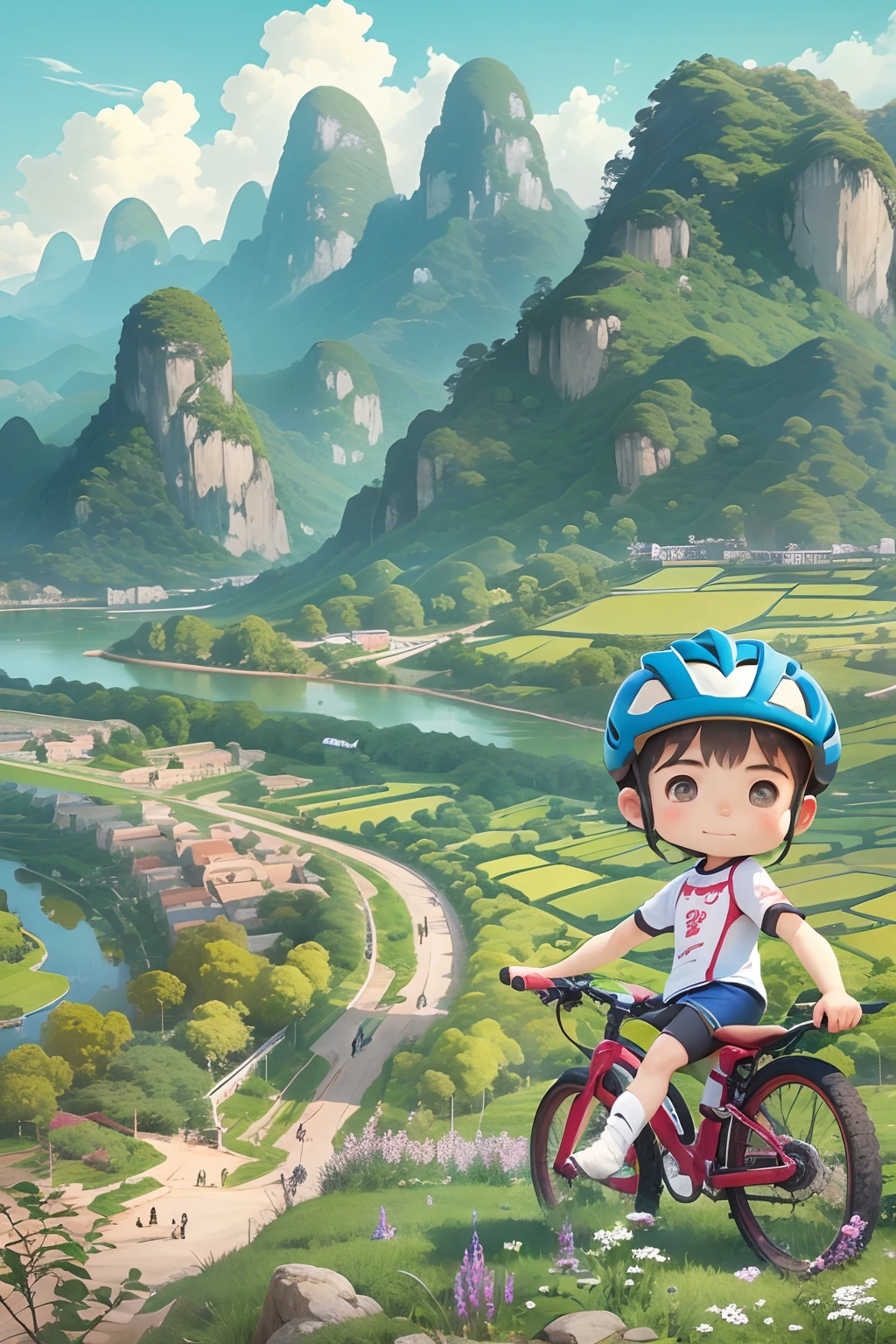 A boy, Cycle between Guilin's landscapes, blue-sky.