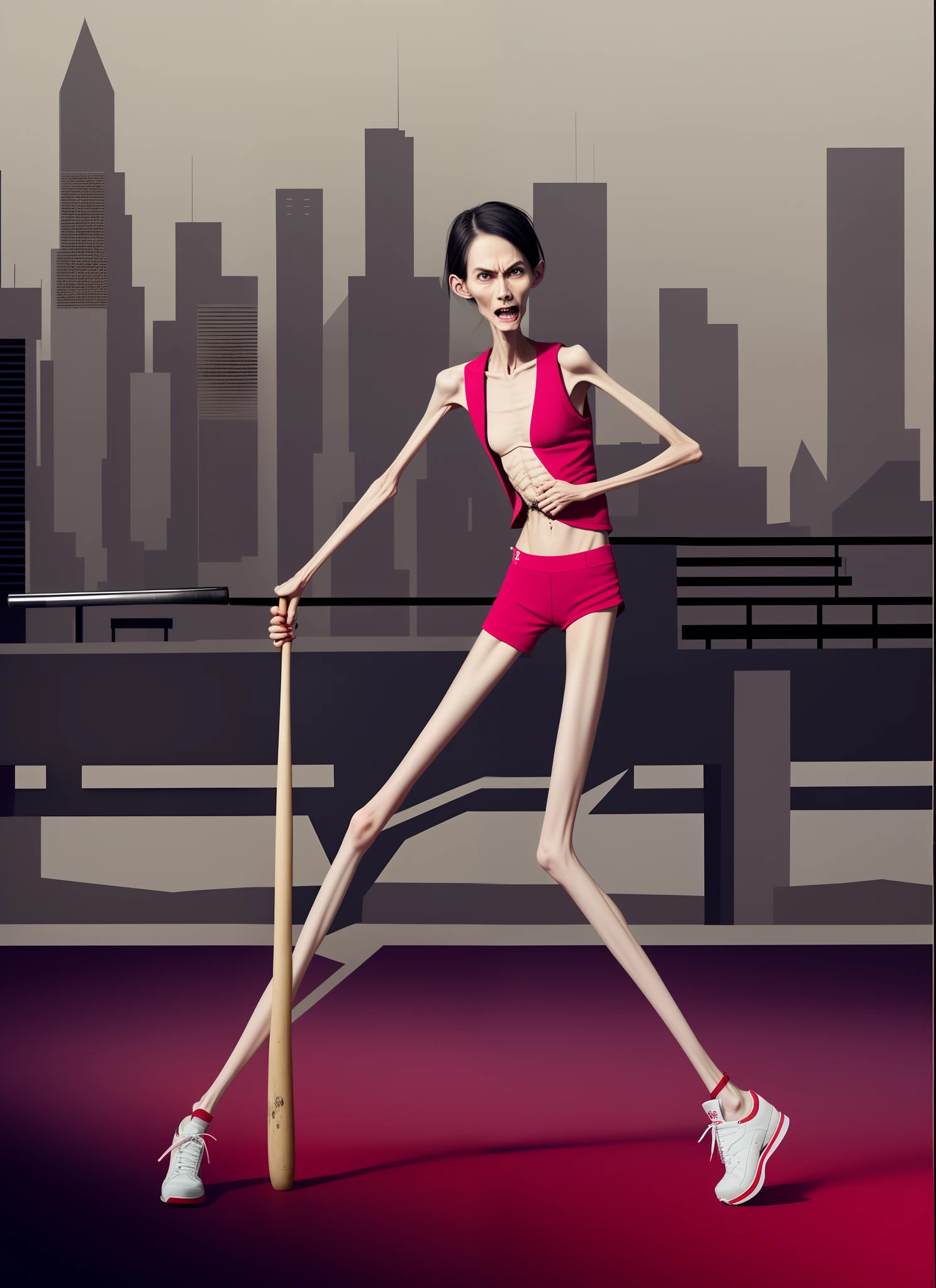 Thin woman with a baseball bat, Emaciated body and hungry stomach，Very slim waist and legs，anger expression，Thin figure，Sunken abdomen