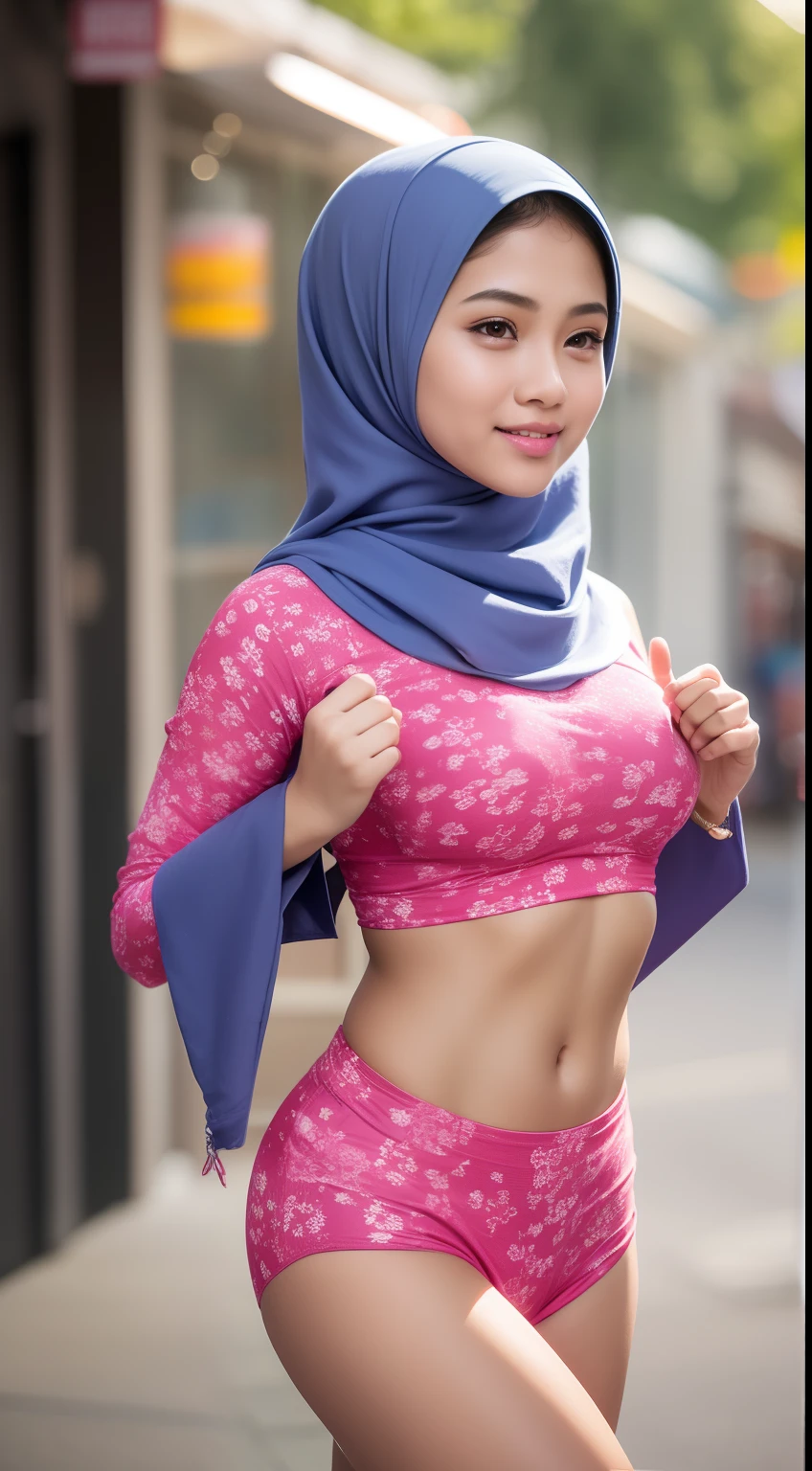 Malay girl in hijab wear summer outfit, walking in city street, old car, front view, detail skin, detail skin texture, mole below eyes, small breast, big hip, big waist, big thigh, slim abs, beautiful body, evening, laughing, happy, bright lighting, blur background, bokeh,