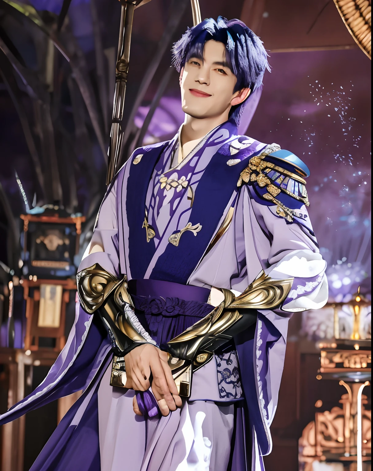 a close up of a person in a purple and white outfit, ayato from genshin impact, genshin impact character, ((wearing aristocrat robe)), genshin, beautiful androgynous prince, masterpiece, best quality,kamisato ayato, 1boy,smile, japanese armor, male focus, armor, gloves, black gloves, shoulder armor, tassel, solo, mole, purple eyes, bangs, japanese clothes, blue hair, mole under mouth, sode, gold trim, reatistic, hd ultra