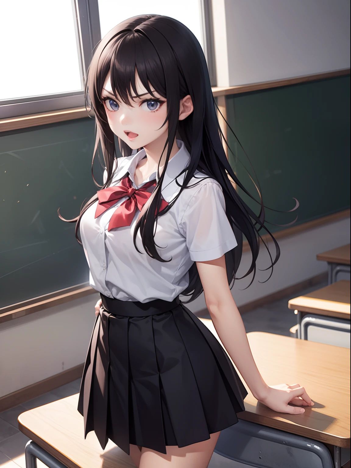 in 8K、top-quality、masterpiece、ultra-detailliert、Ultra-high resolution、Anime style、1 schoolgirl、Classroom、angry