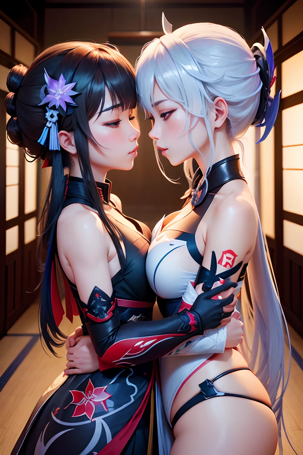 Raiden Shogun from genshin impact kissing Jingliu from Honkai Star Rail