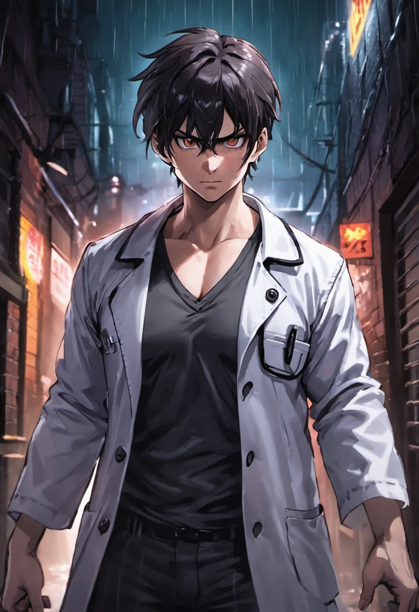 Close-up photos, Man's, 29yo, A dark-haired,Chunky white highlights in the temporal region, Doctor's lab coat over black V-neck T-shirt, In a rainy back alley at night, Photorealistic, Cinematic lighting