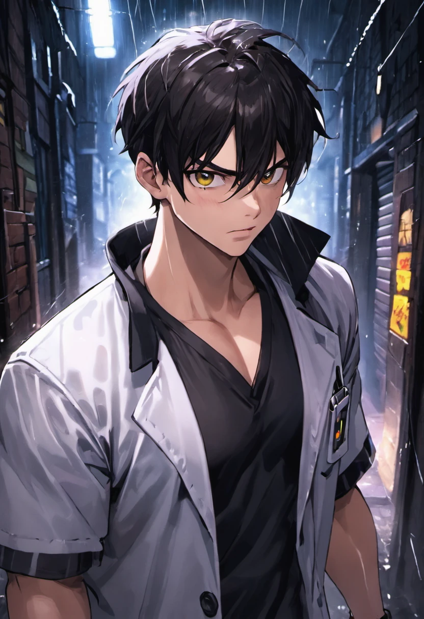 Close-up photos, Man's, 29yo, A dark-haired,Chunky white highlights in the temporal region, Doctor's lab coat over black V-neck T-shirt, In a rainy back alley at night, Photorealistic, Cinematic lighting