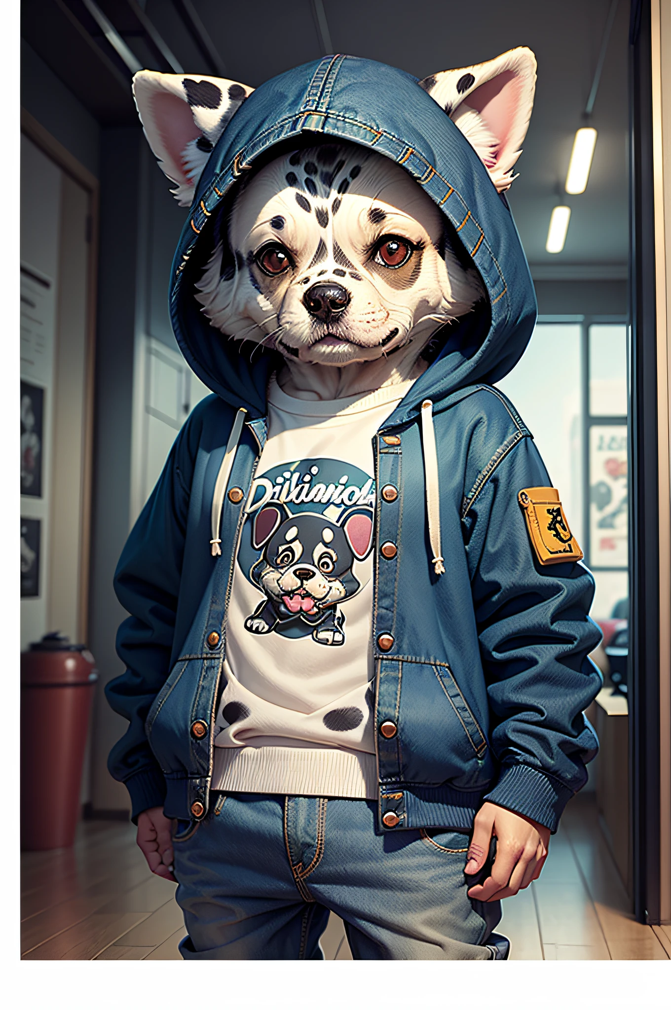C4tt4stic,Wearing denim、Cartoon Dalmatian dog in a hoodie（Details of the appearance of Dalmatians）