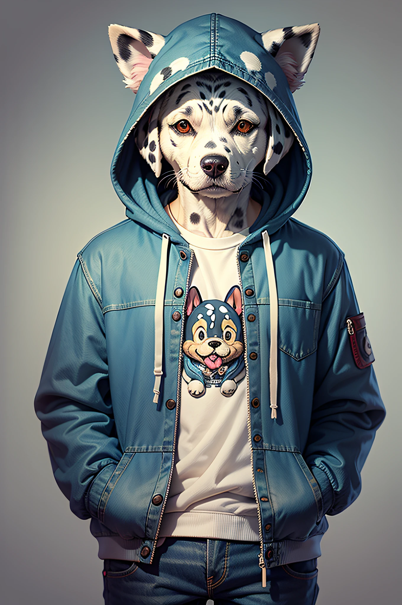 C4tt4stic,Wearing denim、Cartoon Dalmatian dog in a hoodie(Details of the appearance of Dalmatians)
