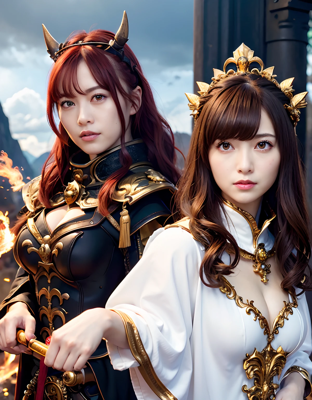 Professional , ​masterpiece、top-quality、photos realistic , 、top-quality、超A high resolution、(Photorealsitic:1.4)、Raw photo、depth of fields （Gemstone Gold Metal Body:1.9),(Matte White、Toostock、（cleavage of the breast）、（Detailed Dragon Armor）、（Have the strongest weapon）、（(Random Hairstyles 1.6),Dark Fantasy,）explosions、intense fighting、（Precipitous cliffs),Dragon Gold Weapon,Mystical expression、Particles of light、Fight dragons、（Detailed Dragon Helmet),Gorgeous Silver Weapons ,（（ Dragon's dense and gorgeous sword）） , Beautiful knife   ,warhammer 40k ,Detail and gorgeous crown、（（Red hair））、（Castle background）、、（（Gangle's forest background））、Beautiful Caucasian beauty、１a person、dynamic ungle,(((Detailed and ornate Black Devil Crown)))、Smaller head、A smile、Castle background、Thin and beautiful female hands、cleavage of the breast、Soldier in iron armor on background、Mystical expression、Light Effects、intense fighting、Wind-effect、magic circles、With the legendary magic wand、（demonic wings）、