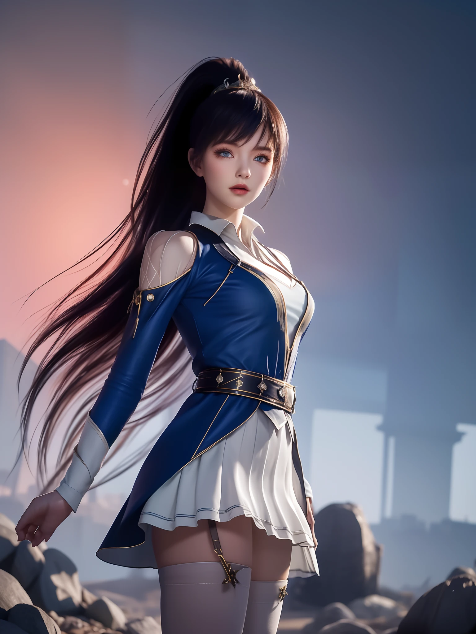 1girl, long hair, dress,hair ornament, looking at viewer, mature female, cityscape, night, thighhighs, clothing cutout, bangs, high collar,white skirt,ponytail, cowboy shot, long sleeves, belt,blue eyes,makeup, blush,a beautiful girl covered in crumpled paper with the text \"MX\",outer space,dry rocks environment,interstellar,Surrealism,Dreamy dim daylight. Minimalism,emptiness,spaciousness,Faint accent lights,film grain,horror photography,misty and foggy atmosphere,