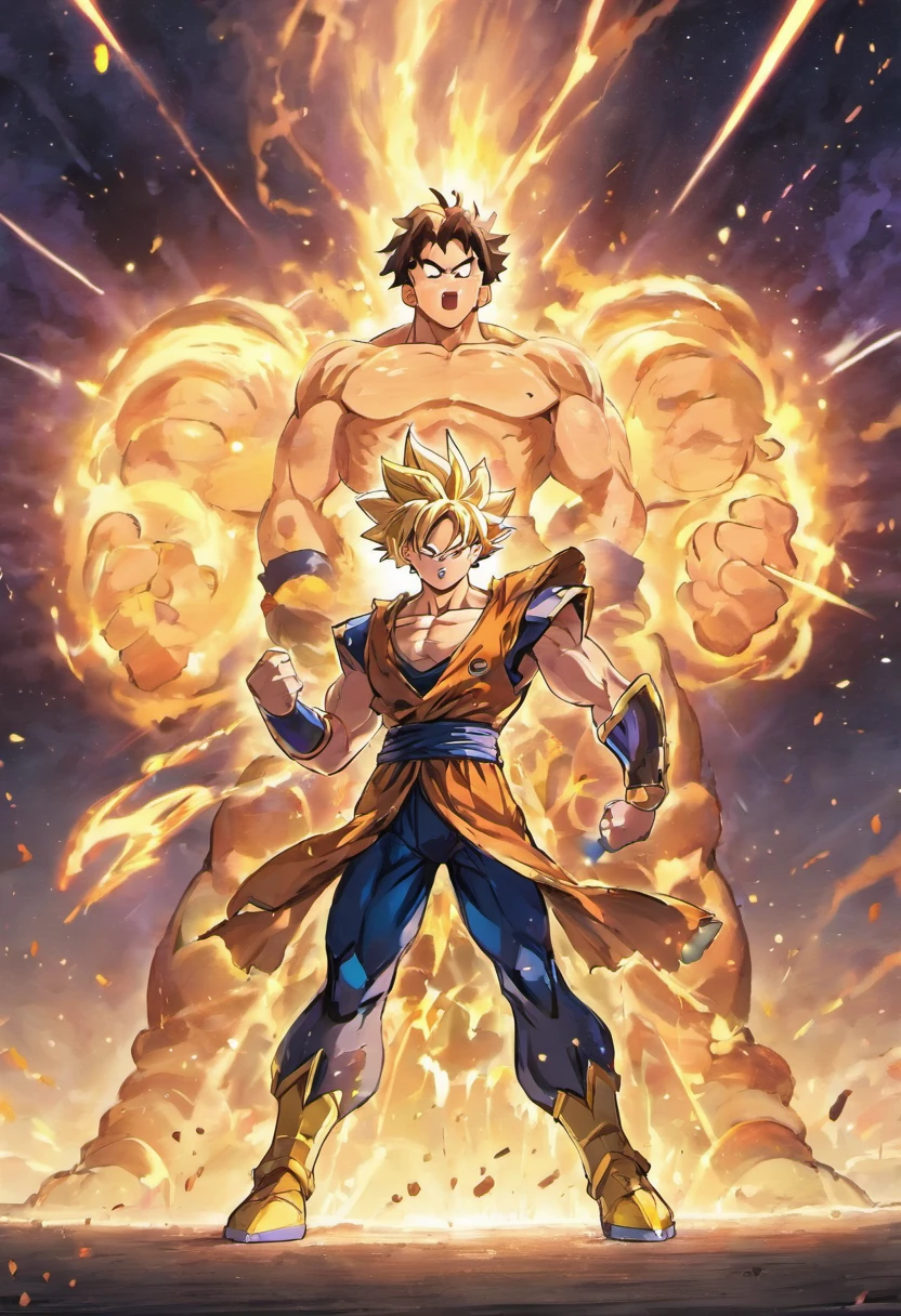 Goku from dragon ball z and thanos from marvel starring at each other preparing to fight an epic battle, ultra-detailed CG unity 8k wallpaper, best quality, best illumination, best shadow, dynamic pose, super saiyan aura, fighting against a worthy opponent, epic background, wide shot)