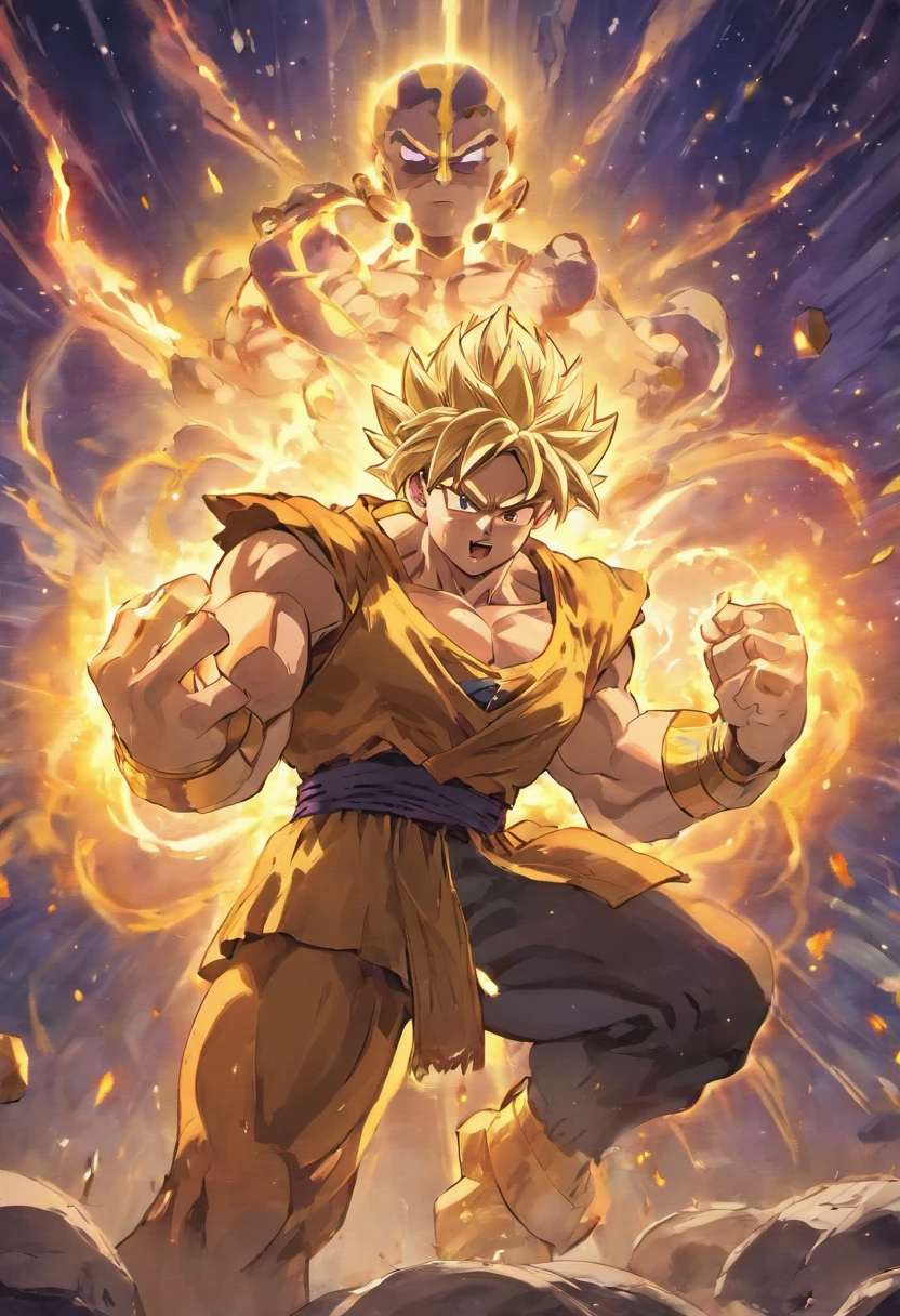 Goku from dragon ball z and thanos from marvel starring at each other preparing to fight an epic battle, ultra-detailed CG unity 8k wallpaper, best quality, best illumination, best shadow, dynamic pose, super saiyan aura, fighting against a worthy opponent, epic background, wide shot)