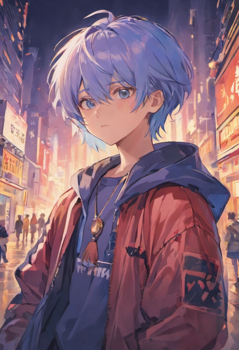 （tmasterpiece）， （best qualtiy）， （ultra - detailed）， A young man with short blue white gradient hair, blue eyes, Wears a student team jacket, wearing headphones, front look , look at viewer， The upper part of the body， city， Flowingcolors， mostly cloudy sky，