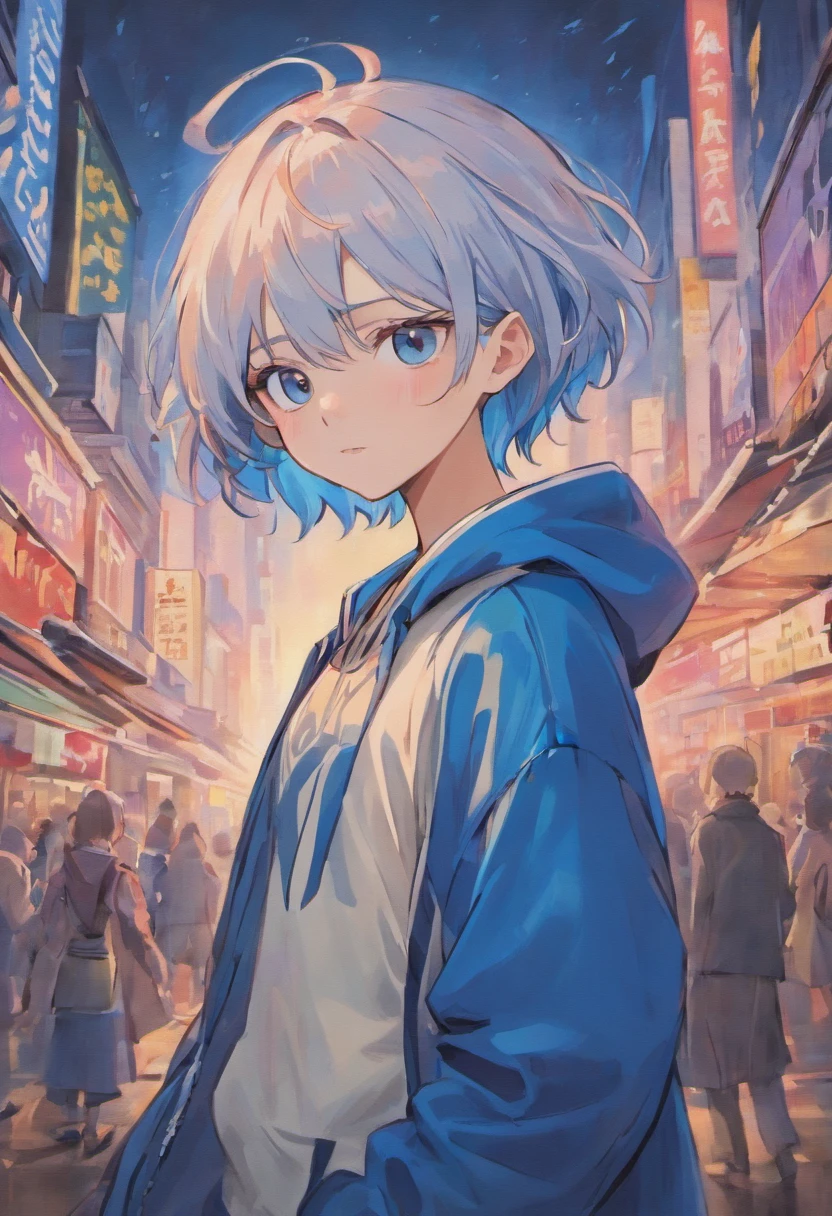 (tmasterpiece), (best qualtiy), (ultra - detailed), A young man with short blue white gradient hair, blue eyes, Wears a student team jacket, wearing headphones, front look , look at viewer, The upper part of the body, city, Flowingcolors, mostly cloudy sky,