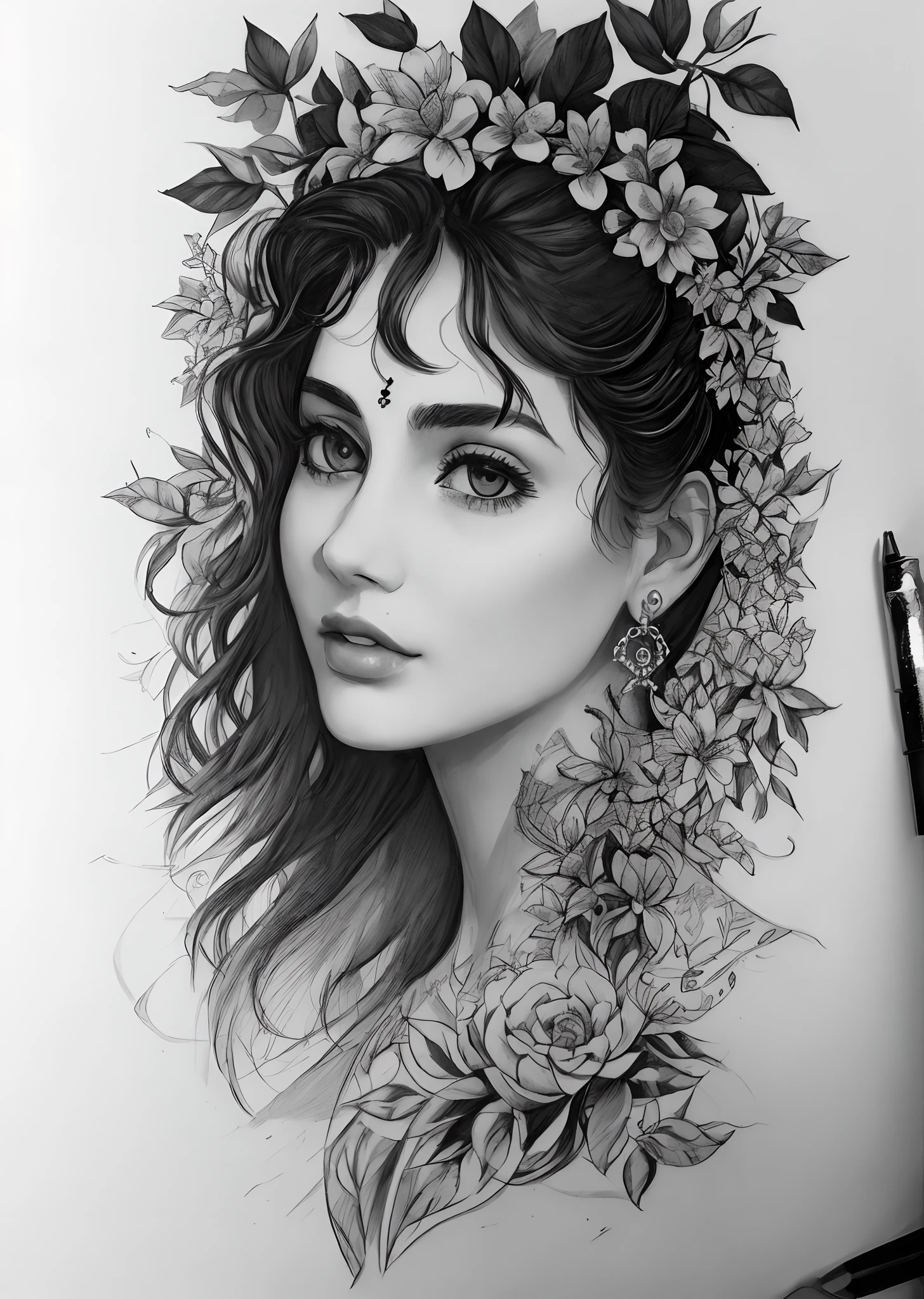 Tattoo sketch - realism - short farm india - head - uhd - black and white - with forest on background