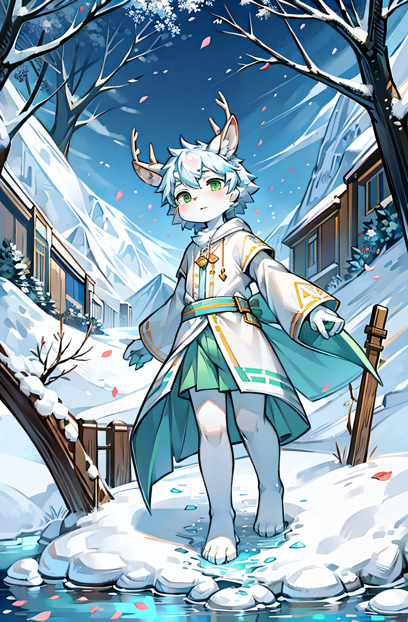 A white deer,deer antlers,rios,mountain ranges,long white robe,Green eyes,blue-sky,White petals,Melting of ice and snow,Melting of ice and snow,Shota,adolable,White pear blossom tree,Shota,adolable,Green clothing,White ears,Fluffy ears,Petals fall all over the ground,The petals float in the air,flowing river,Peach tree,looking toward the viewer,laughingly