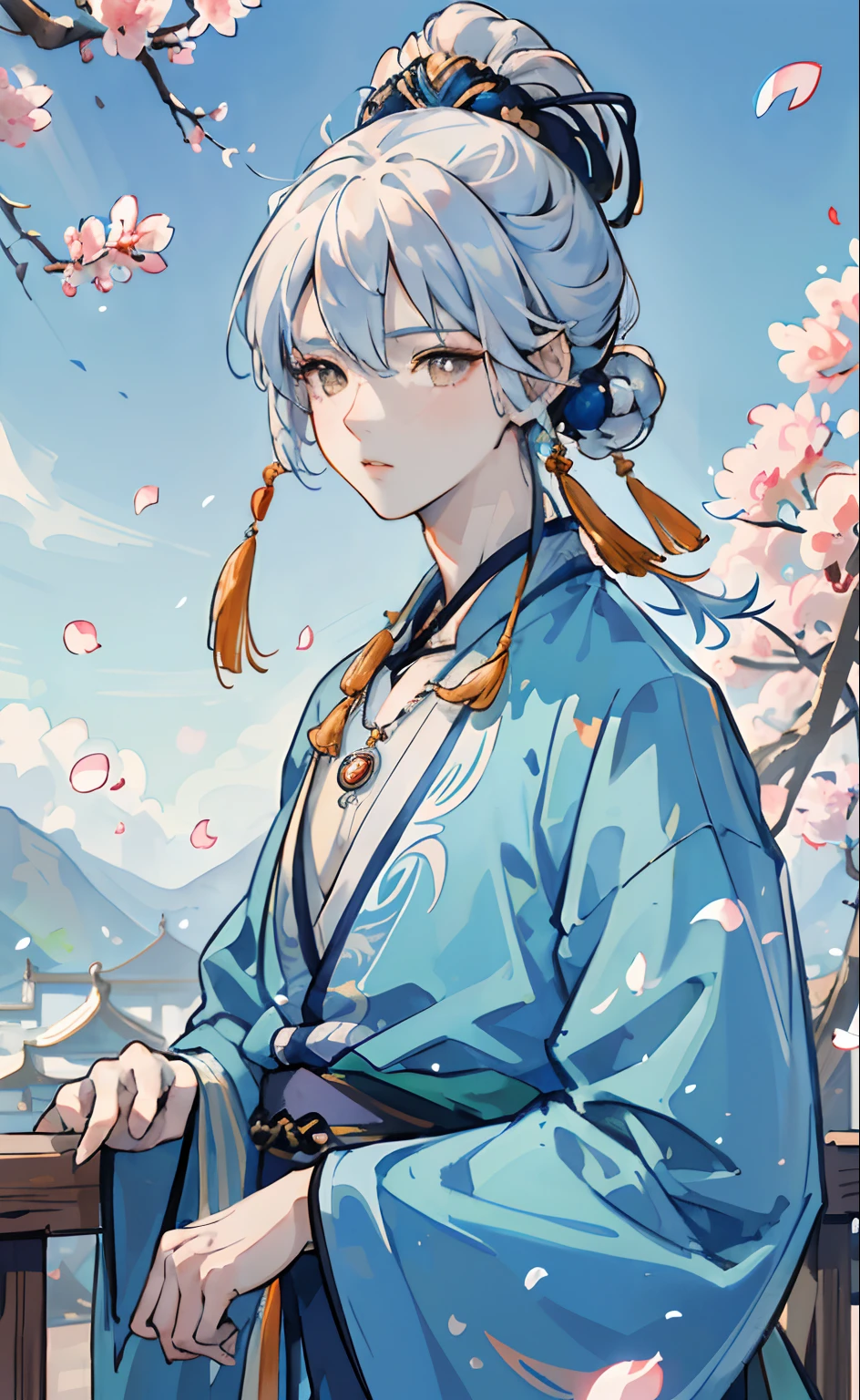 (Best quality,4K,8K, yes,A high resolution,Masterpiece:1.2),Ultra-detailed,Realistic,Photorealistic:1.37,Mature boy,Orange eyes,Blue and white hair,Colorful floating hair,Delicate and lively eyes,Exquisite damask Hanfu gorgeous accessories,Metal necklace,fov,f/1.8, Masterpiece,Traditional Chinese architecture,Blue sky,Fluttering petals,Frontal portrait shot,Chang'e,Side lighting,sunlight on people,8K