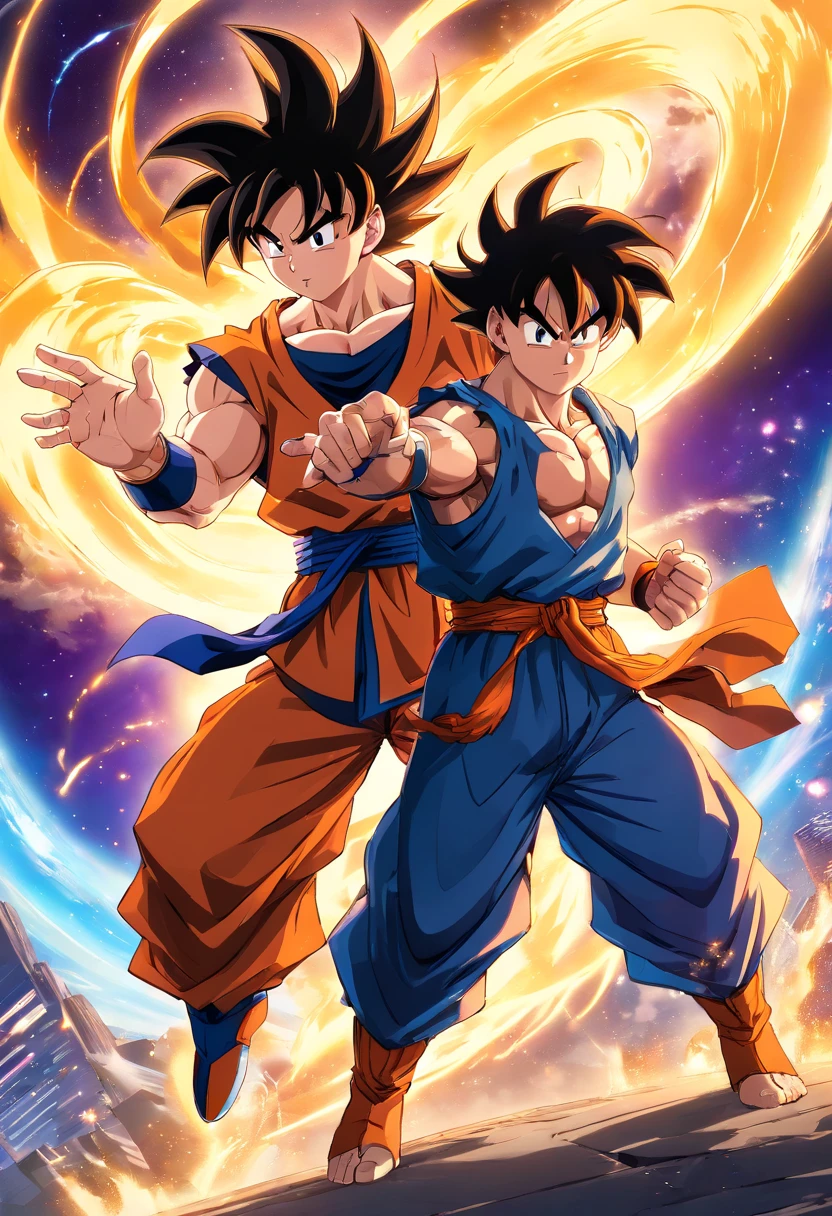 Goku from dragon ball z and thanos from marvel starring at each other preparing to fight an epic battle, ultra-detailed CG unity 8k wallpaper, best quality, best illumination, best shadow, dynamic pose, super saiyan aura, fighting against a worthy opponent, epic background, wide shot)
