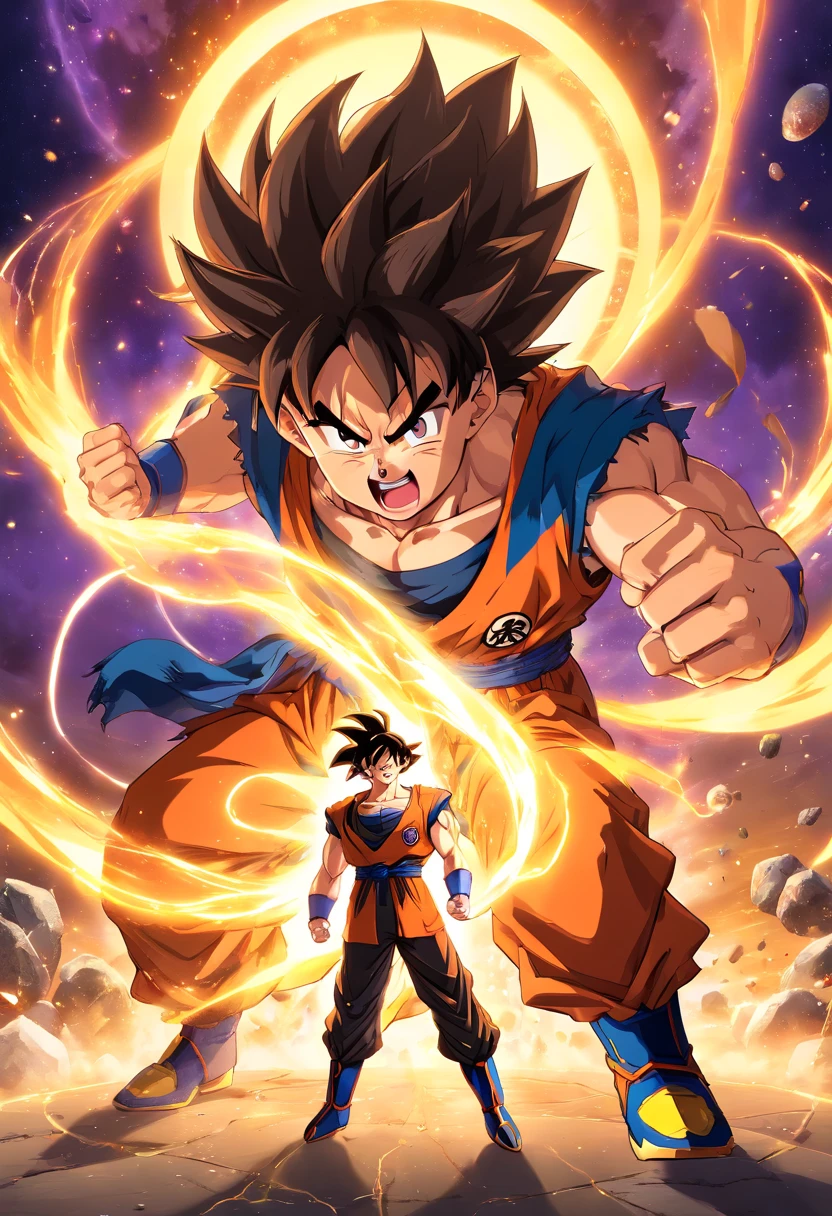 Goku from dragon ball z and thanos from marvel starring at each other preparing to fight an epic battle, ultra-detailed CG unity 8k wallpaper, best quality, best illumination, best shadow, dynamic pose, super saiyan aura, fighting against a worthy opponent, epic background, wide shot)