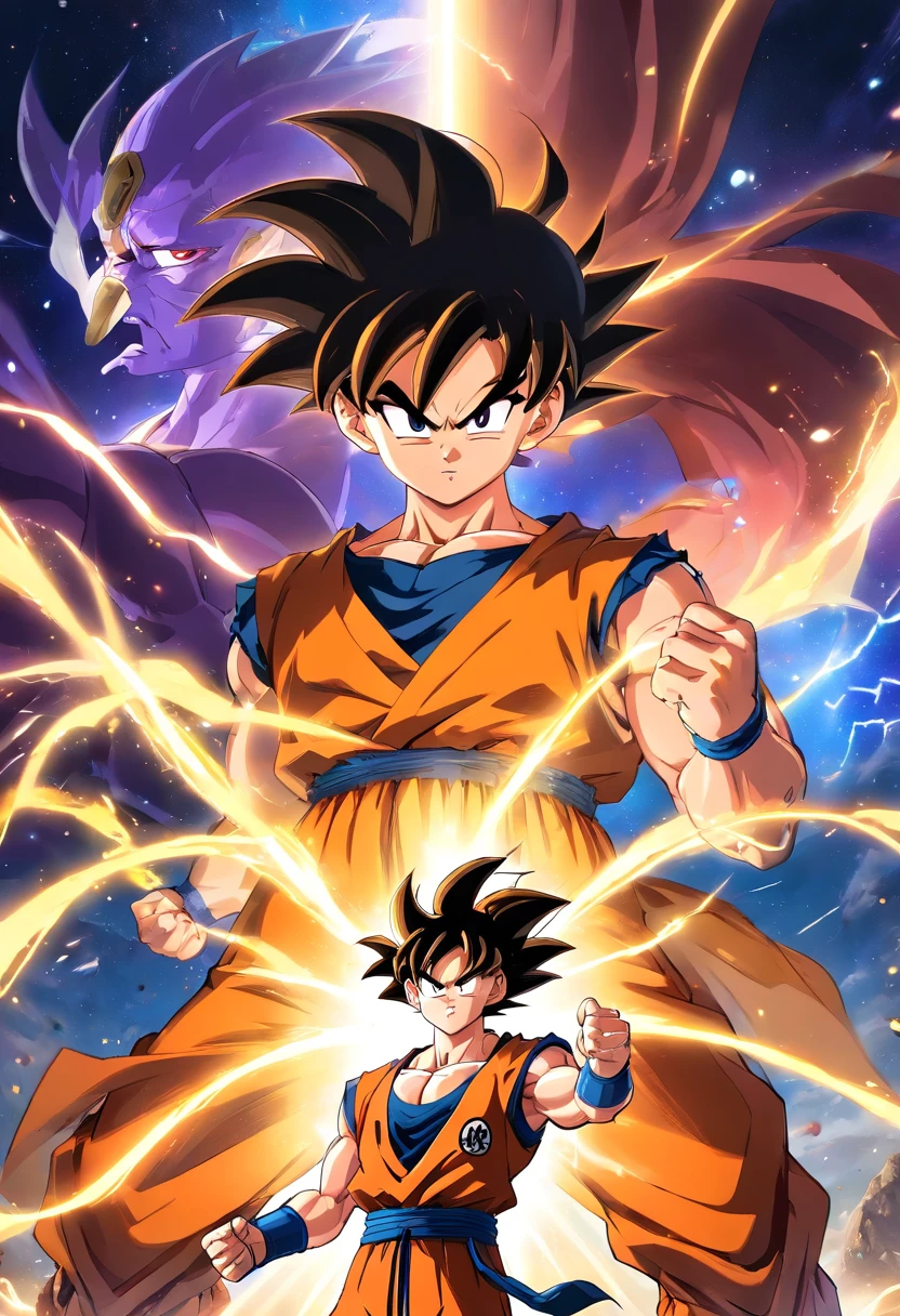 Goku from dragon ball z and thanos from marvel starring at each other preparing to fight an epic battle, ultra-detailed CG unity 8k wallpaper, best quality, best illumination, best shadow, dynamic pose, super saiyan aura, fighting against a worthy opponent, epic background, wide shot)