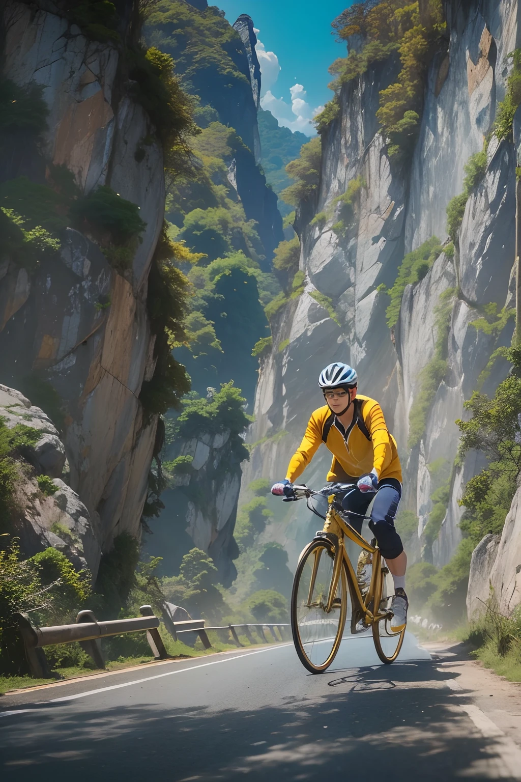 A 25-year-old boy,Wear gold-rimmed glasses, Cycle between Guilin's landscapes, blue-sky.