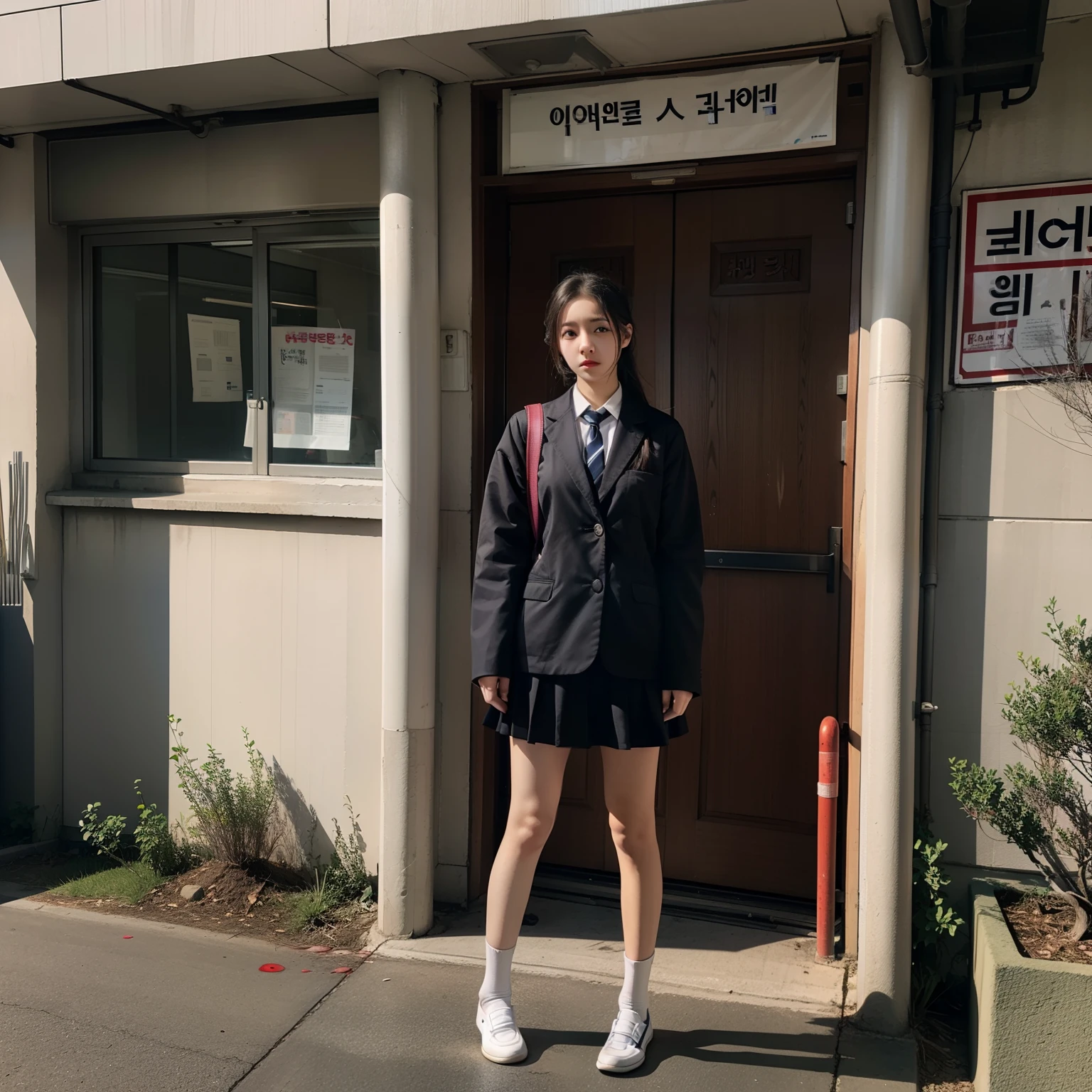 Female, Zombie, blood vessel, cataract, Infection, high school student, uniform, white socks, full body, Korean