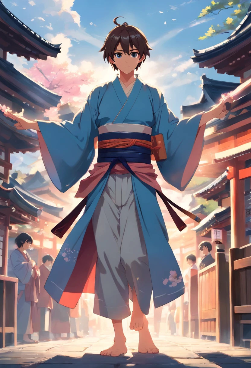 Draw a Japan samurai wearing a haori in anime style with a whole body。Put it up to the toes of both feet.。Make sure your left hand rests on your left hip.。