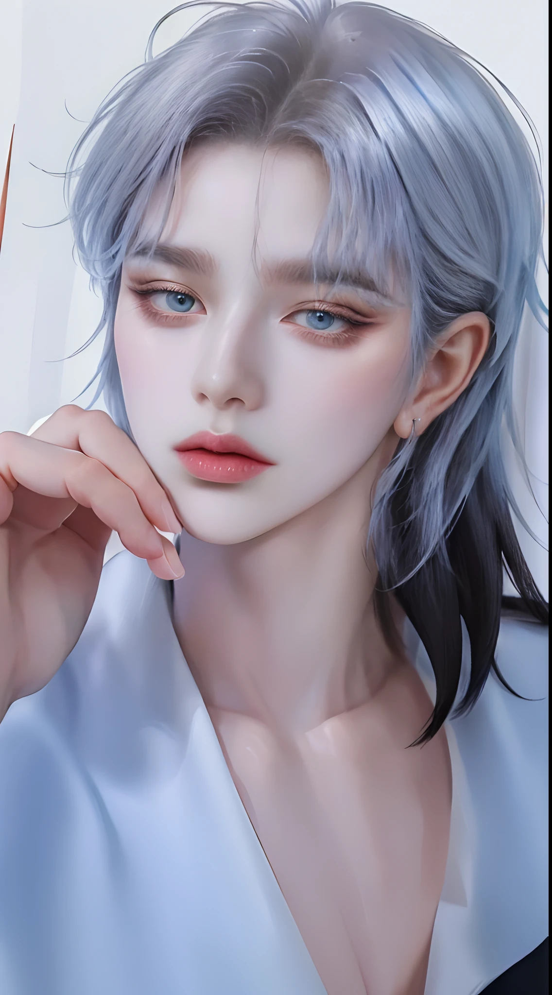 ((4K works))、masterpiece、(top-quality)、((high-level image quality))、((one beautiful women))、Slim body、((Black Y Shirt Fashion))、(Detailed beautiful eyes)、Black background、((Face similar to Chaewon in Ruseraphim))、((Half Up Hairstyles))、((bright silver hair))、((Smaller face))、((Neutral face))、((Light blue eyes))、((Korean Women))、((18year old))、((Wild Lady))、((Glaring at him with a savage look))、((Korean makeup with black eyeshadow))、((elongated and sharp eyes))、((Shot alone))、
