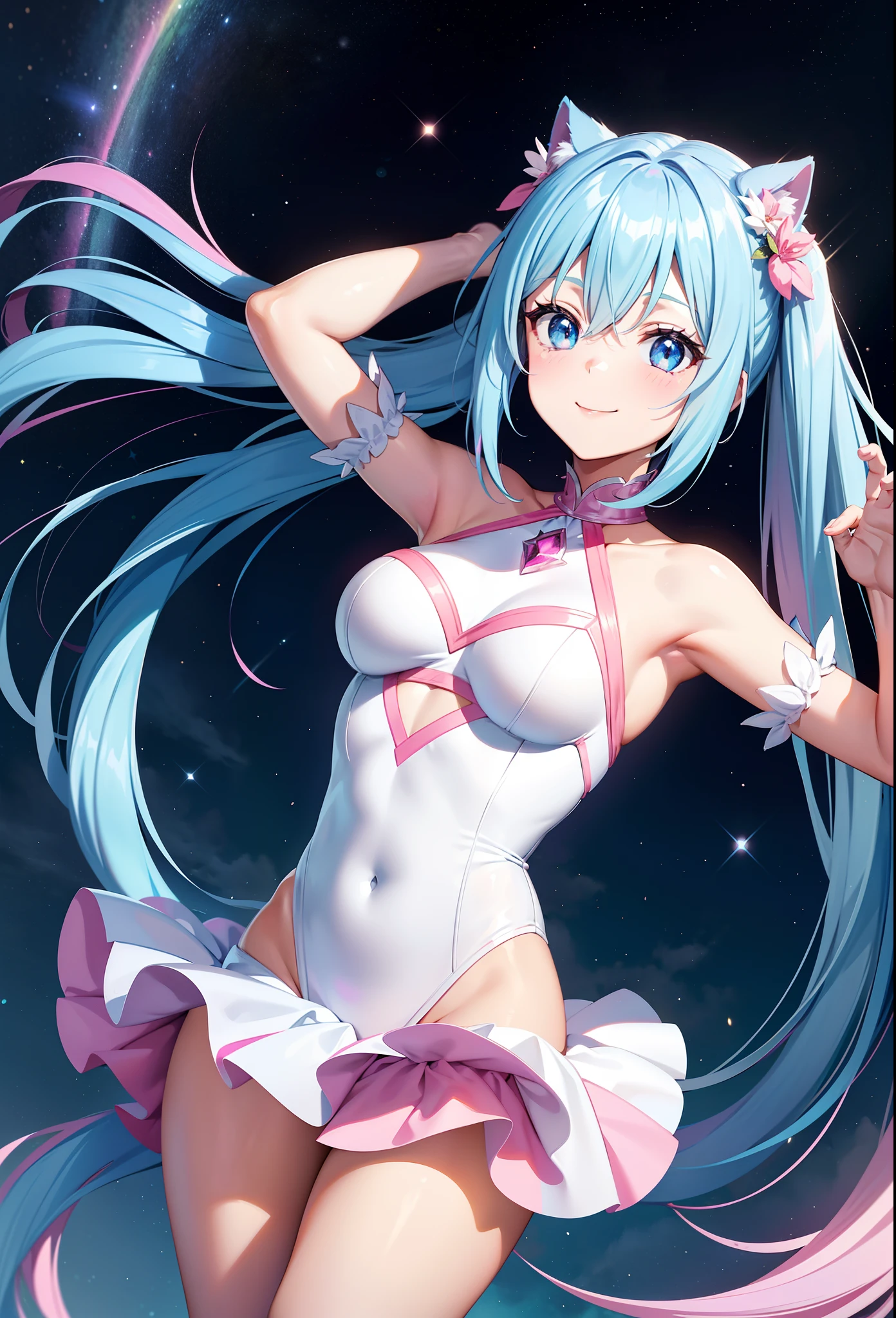 Super Idol　a beauty girl　A charming smile　sky blue hair　length hair　Twin-tailed　skinny　Sparkly bright pink and white leotards　facing front　Mystical　Fantasia　constellation　a moon　Crystal Brilliance　Aurora Borealis in the Night Sky